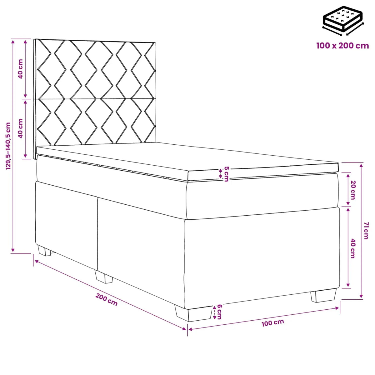 Lit boxspring avec matelas Bleu 100 x 200 cm Tissu - XIOS