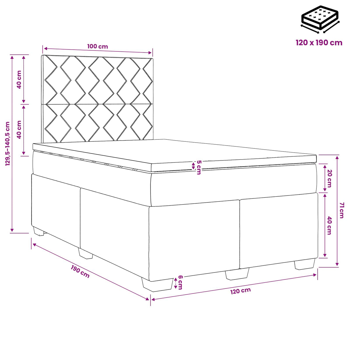 Lit boxspring avec matelas Noir 120 x 190 cm Tissu