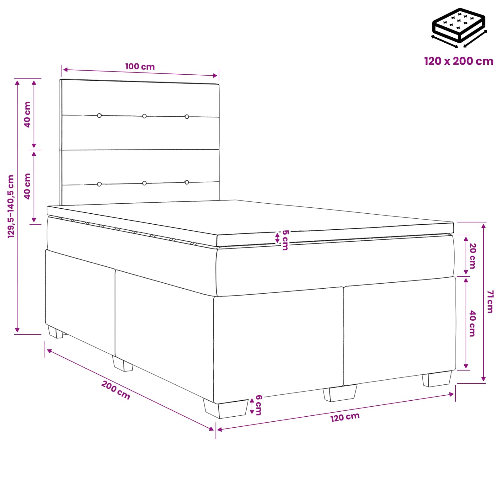 Lit boxspring avec matelas Bleu 120 x 200 cm Tissu