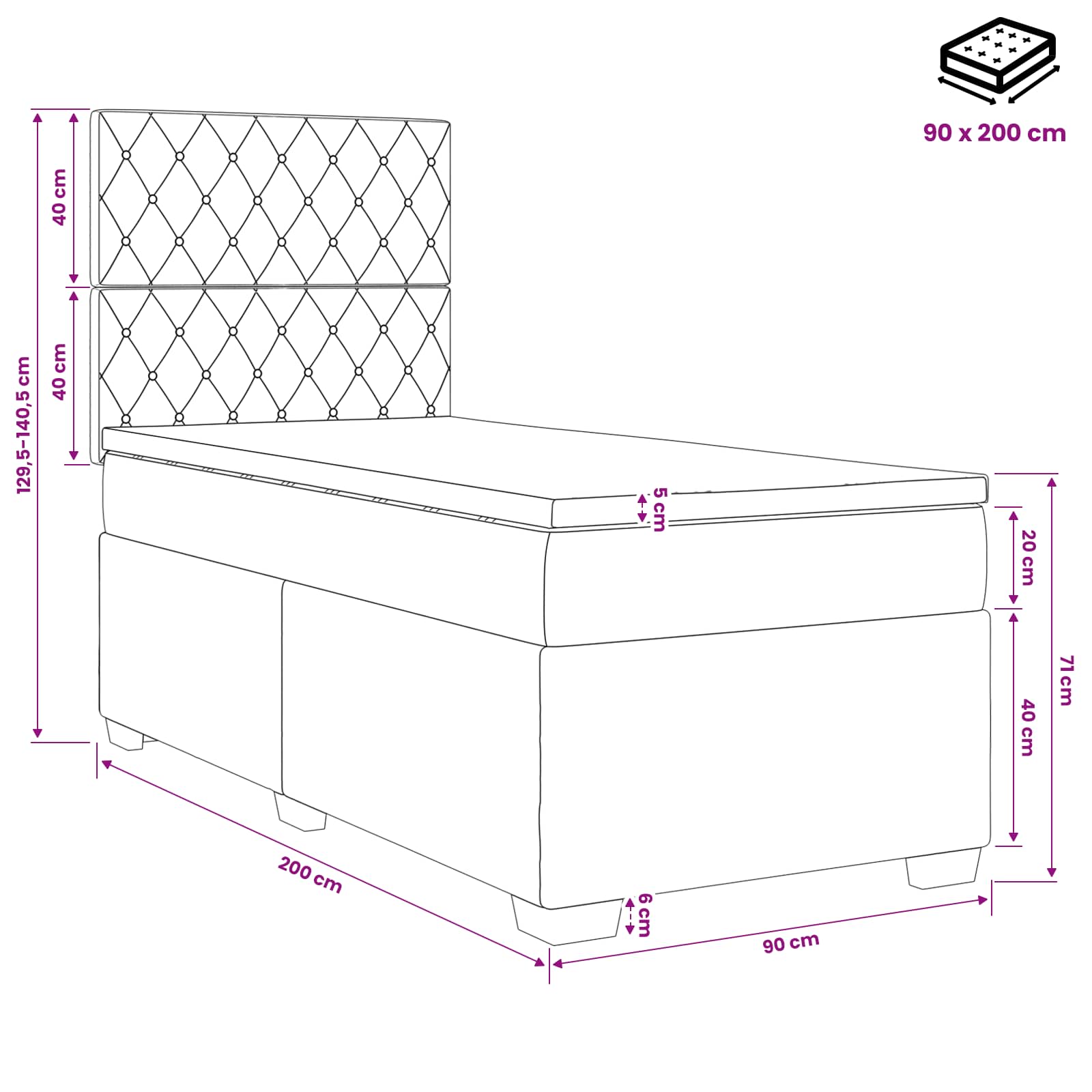 Lit boxspring avec matelas Noir 90 x 200 cm Velours