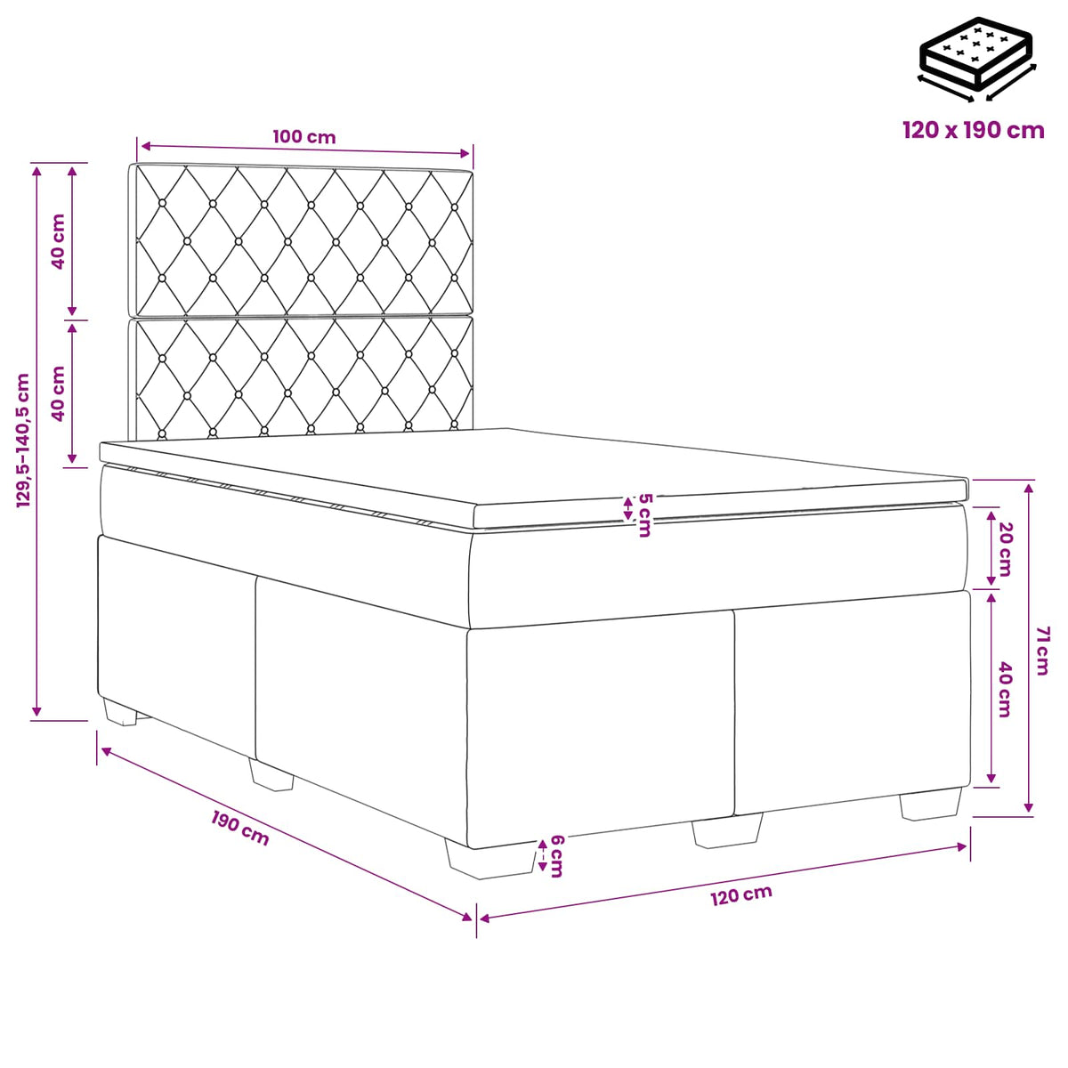 Lit boxspring avec matelas Gris clair 120 x 190 cm Velours