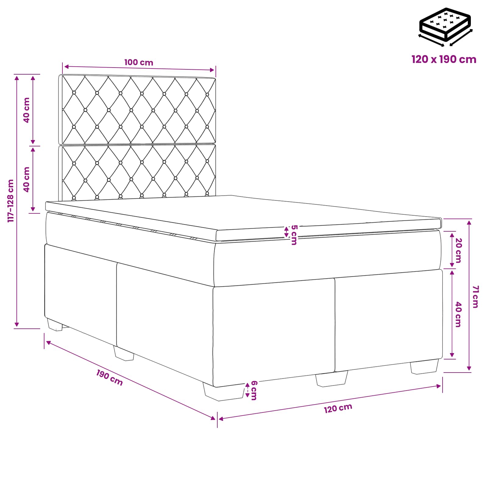 Lit boxspring avec matelas Noir 120 x 190 cm Velours