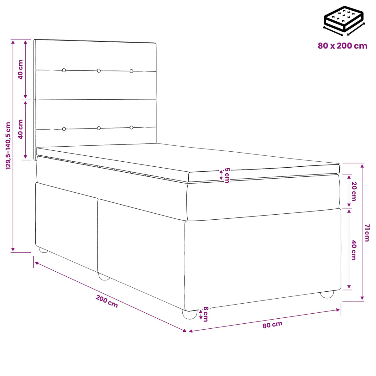 Lit boxspring avec matelas Gris foncé 80 x 200 cm Tissu