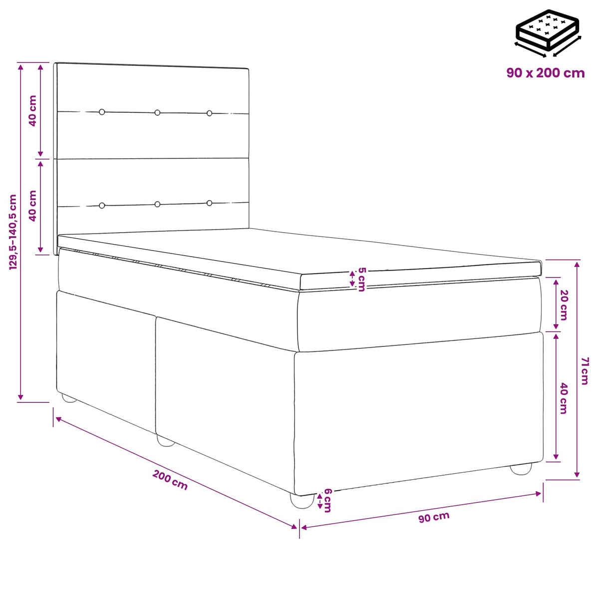Lit boxspring avec matelas Crème 90 x 200 cm Tissu
