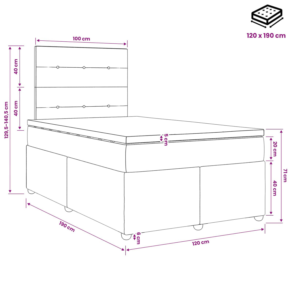 Lit boxspring avec matelas Marron foncé 120 x 190 cm Tissu
