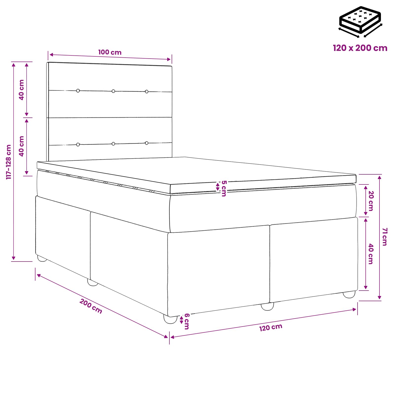 Lit boxspring avec matelas Crème 120 x 200 cm Tissu