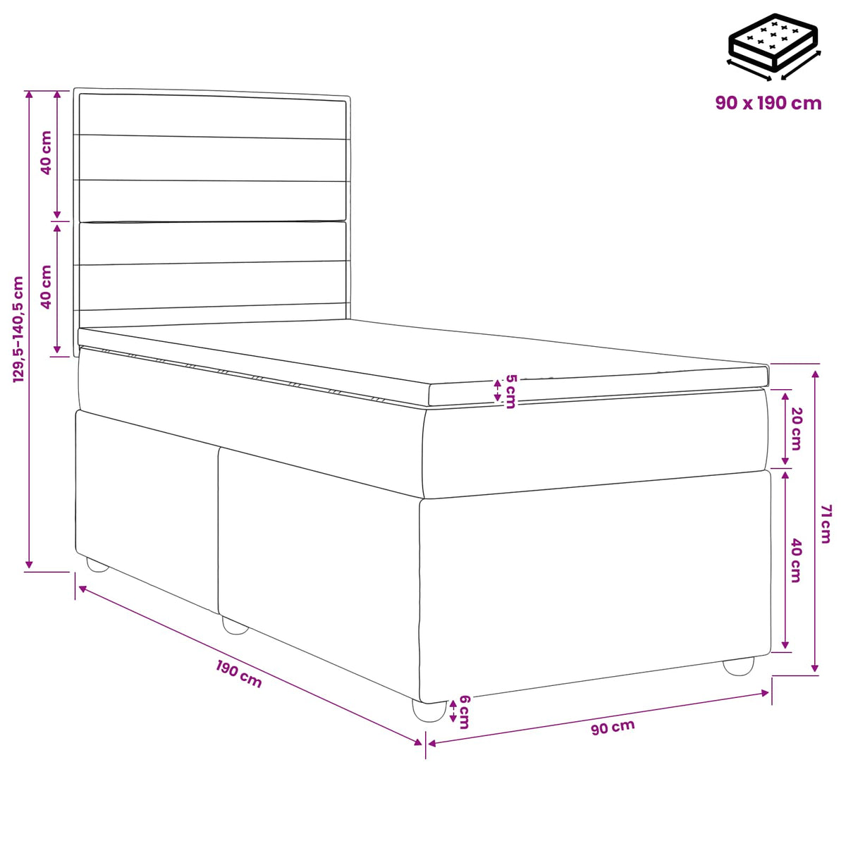 Lit boxspring avec matelas Gris clair Simple Tissu