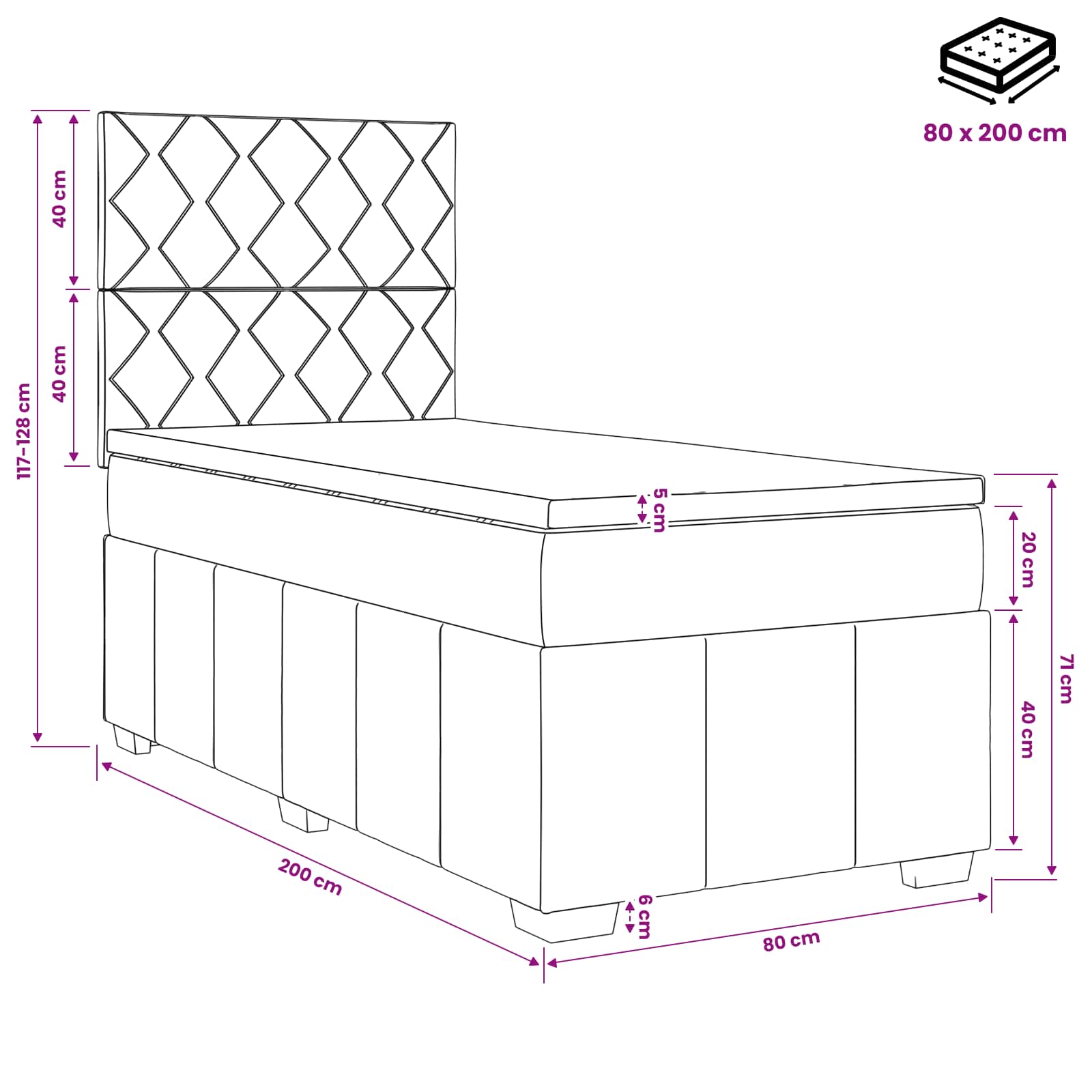 Lit boxspring avec matelas Crème 80 x 200 cm Tissu
