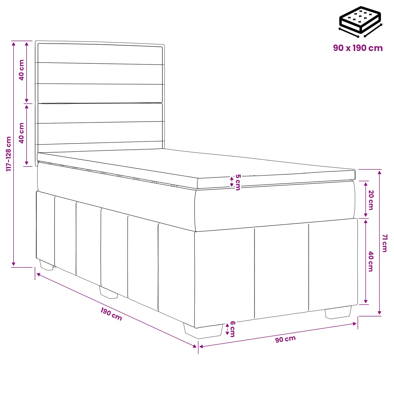 Lit boxspring avec matelas Noir 90 x 190 cm Tissu