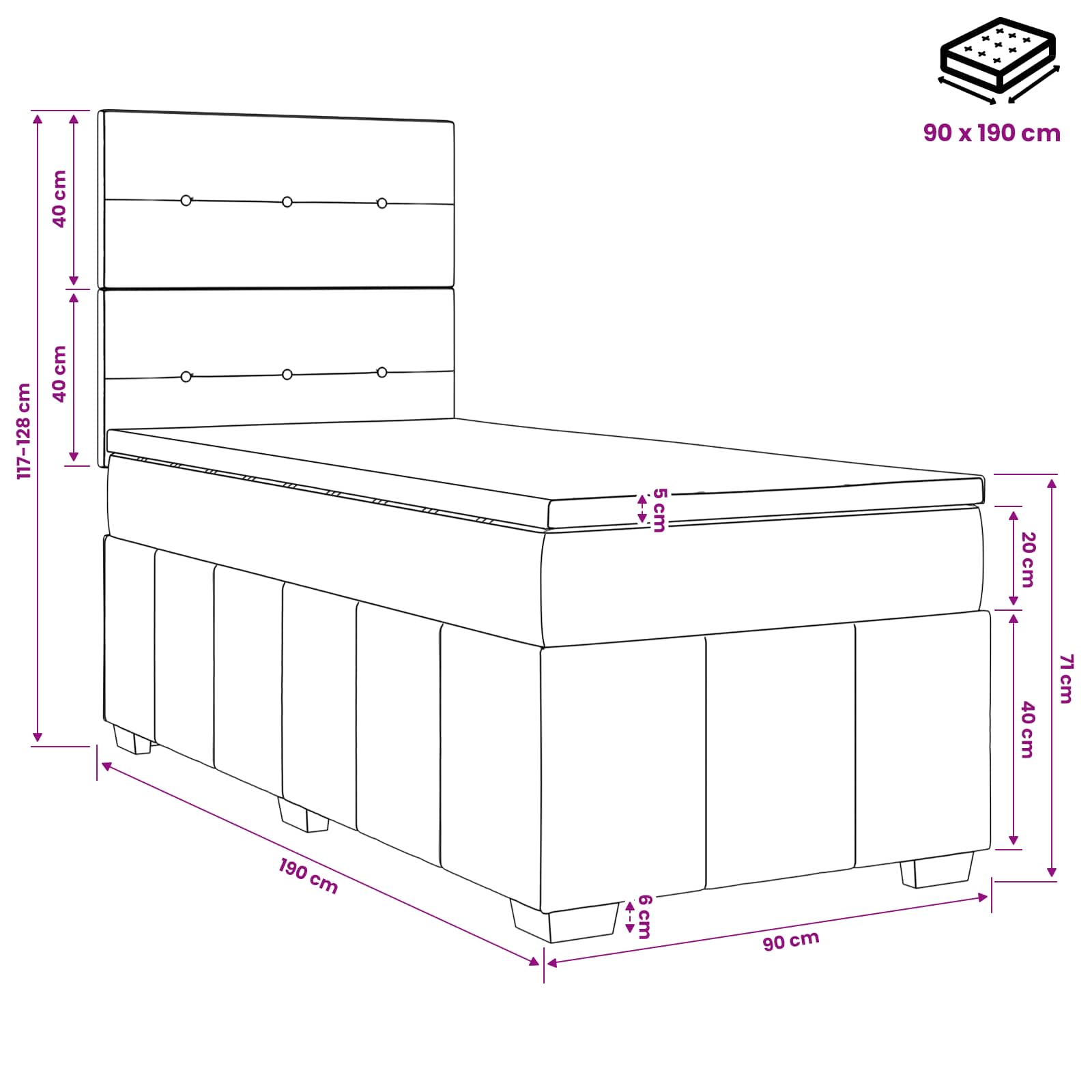 Lit boxspring avec matelas Gris foncé 90 x 190 cm Tissu