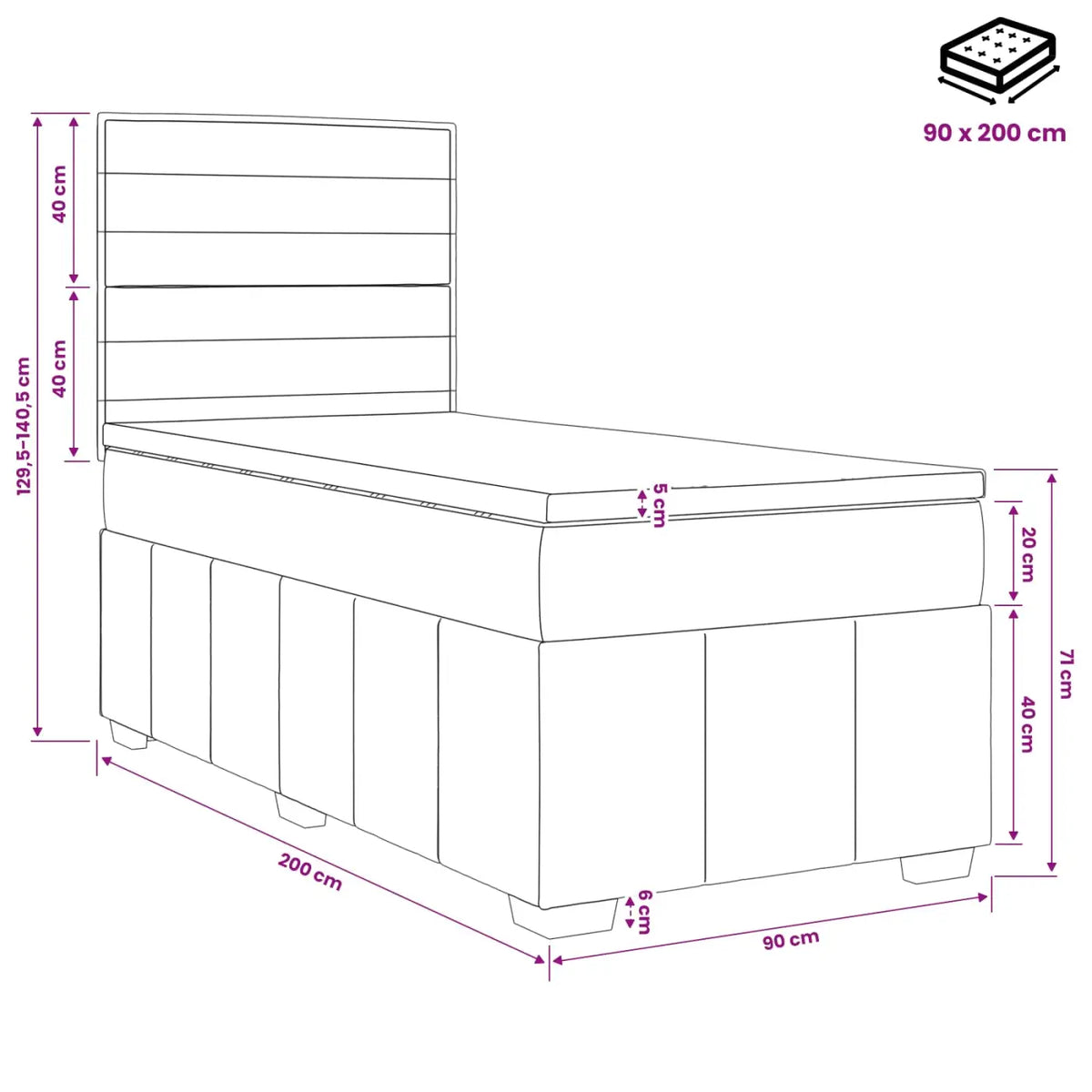 Lit boxspring avec matelas Gris foncé 90 x 200 cm Tissu - XIOS