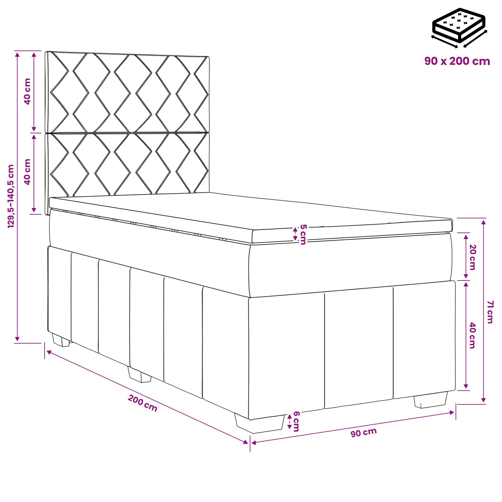 Lit boxspring avec matelas Noir 90 x 200 cm Tissu