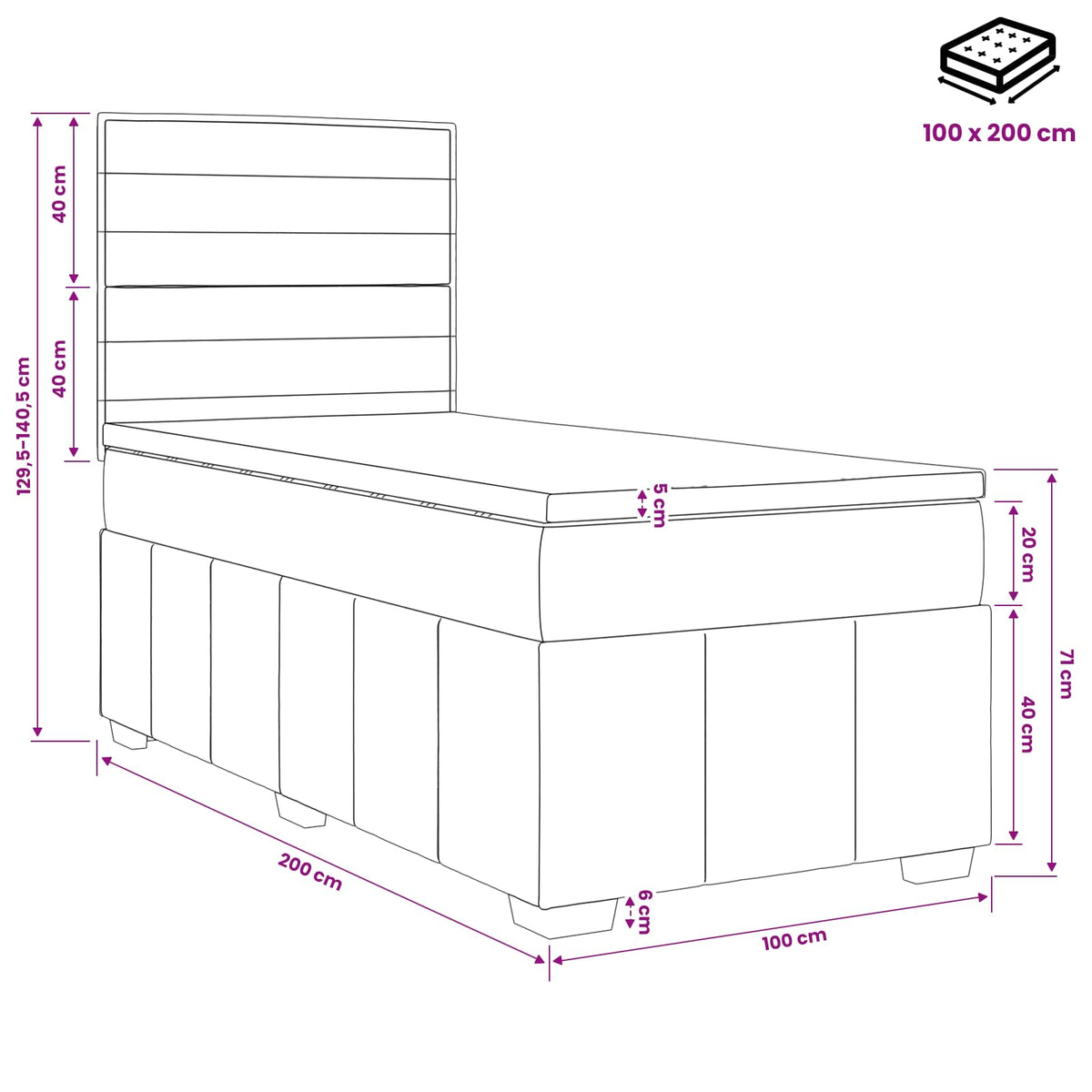 Lit boxspring avec matelas Bleu 100 x 200 cm Tissu