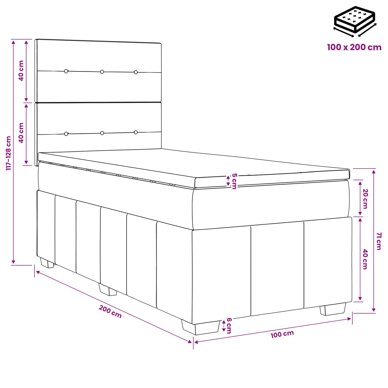 Lit boxspring avec matelas Noir 100 x 200 cm Tissu - XIOS