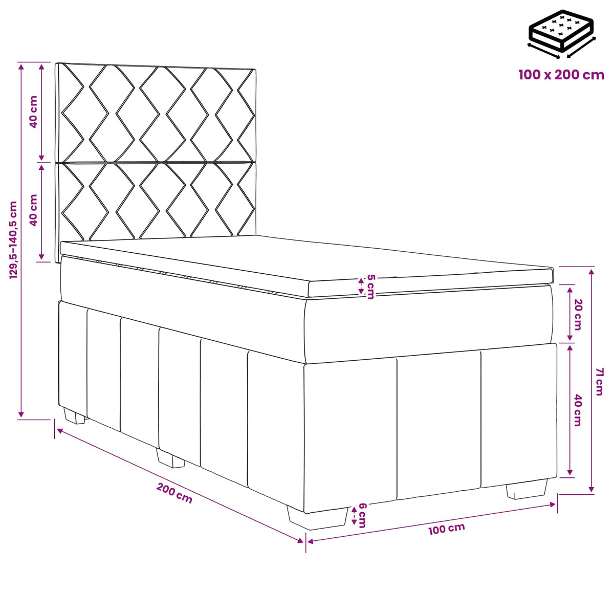 Lit boxspring avec matelas Gris clair 100 x 200 cm Tissu