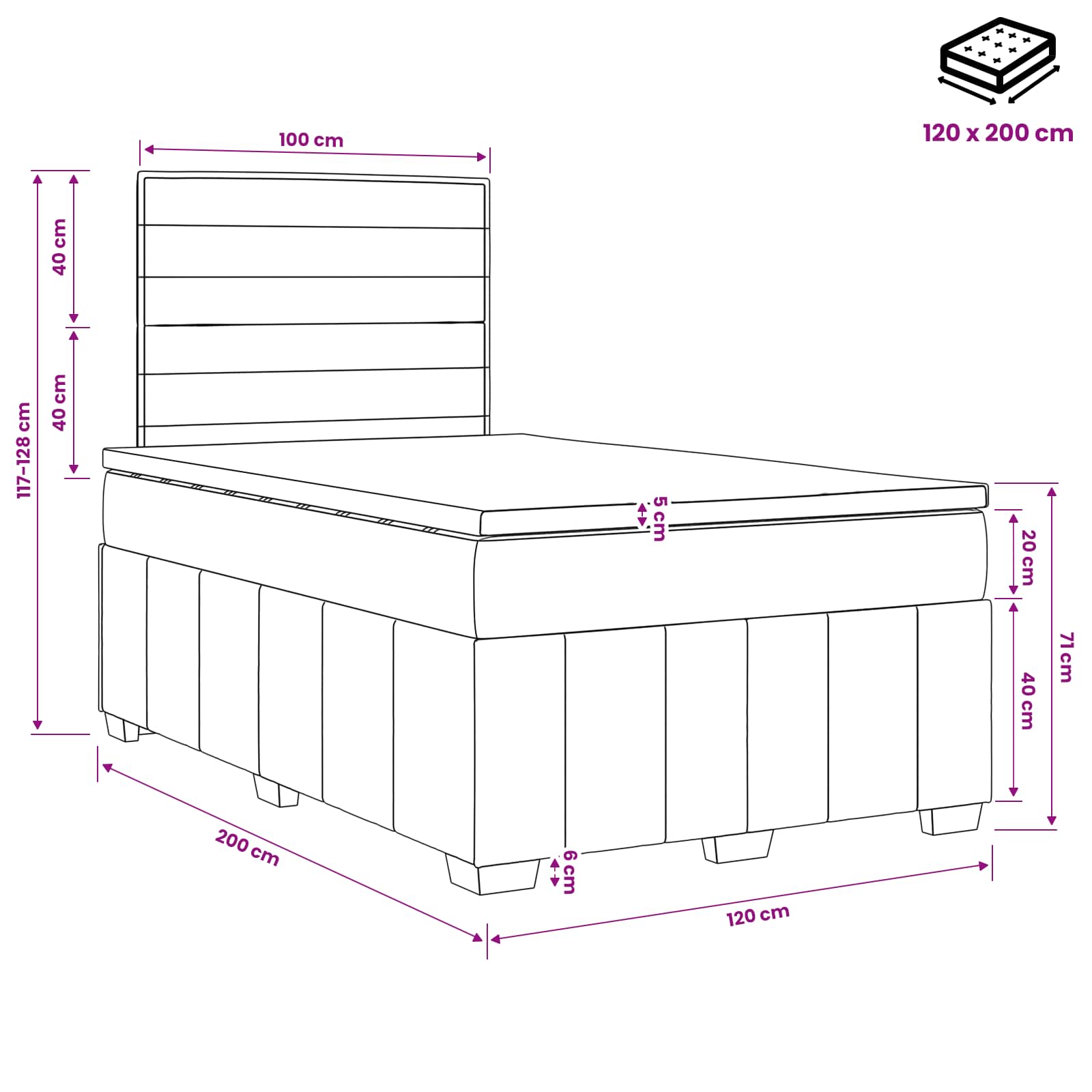 Lit boxspring avec matelas Gris foncé 120 x 200 cm Tissu