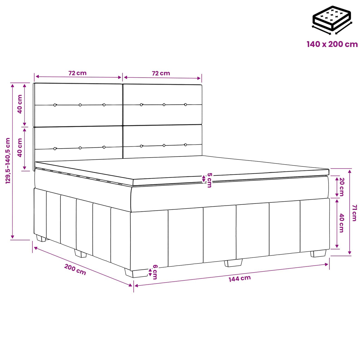 Lit boxspring avec matelas Gris clair 140 x 200 cm Tissu