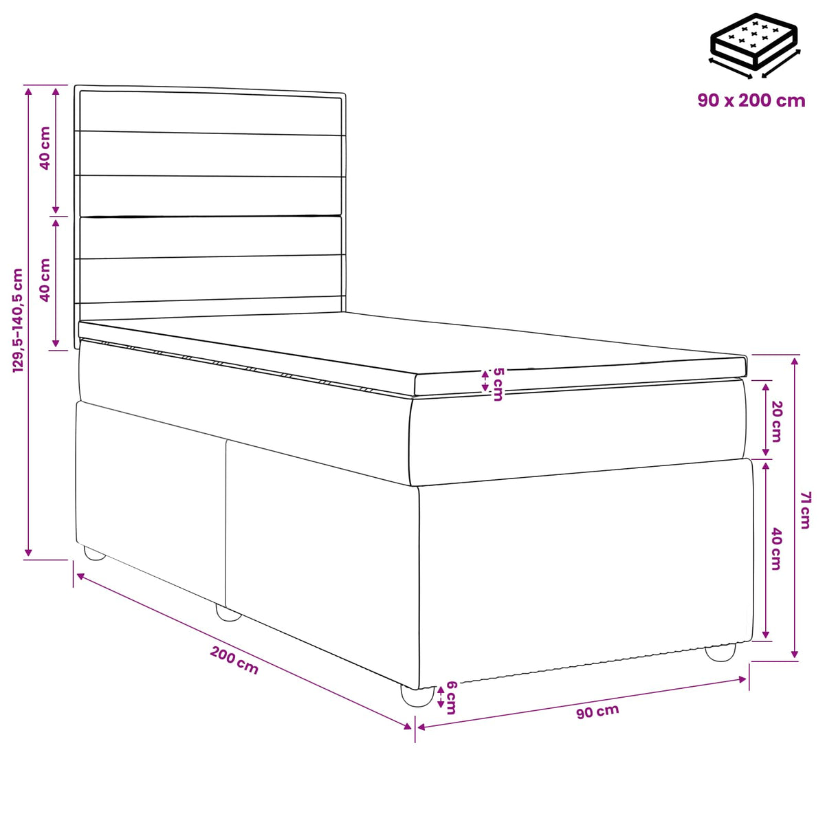 Lit boxspring avec matelas Gris clair 90 x 200 cm Tissu