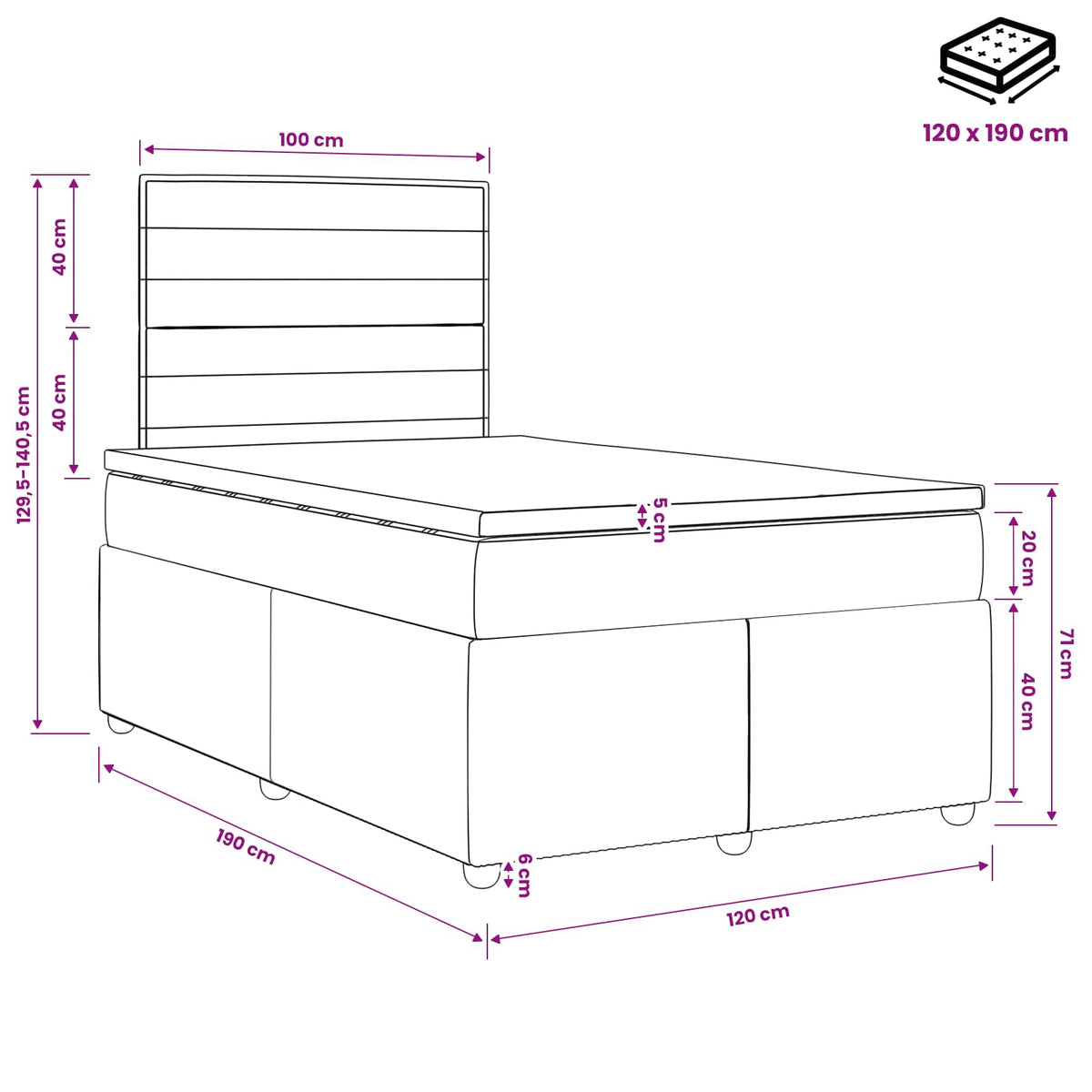Lit boxspring avec matelas Noir 120 x 190 cm Tissu
