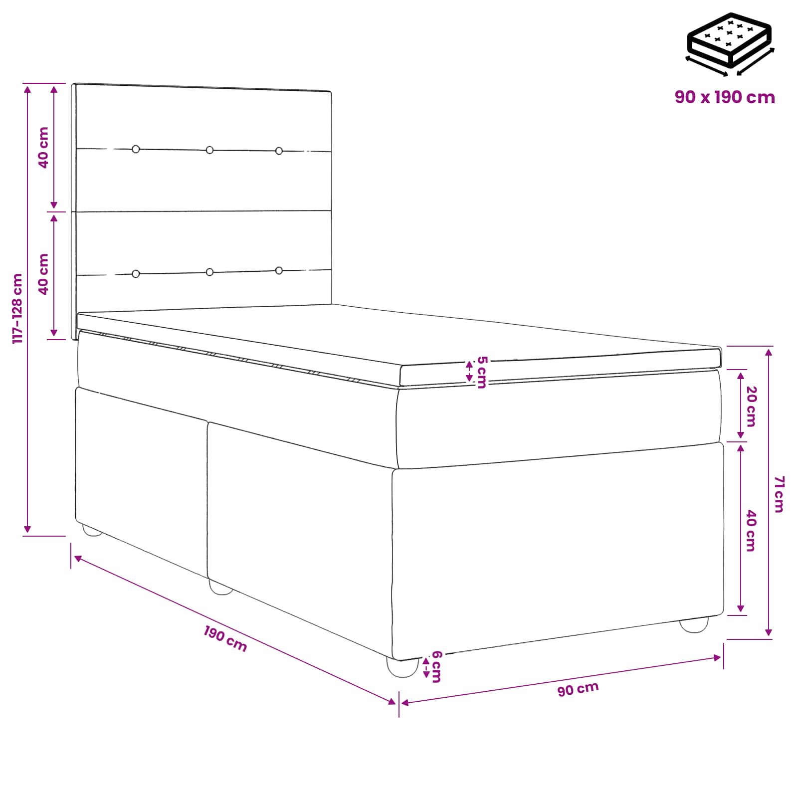 Lit boxspring avec matelas Rose 90 x 190 cm Velours
