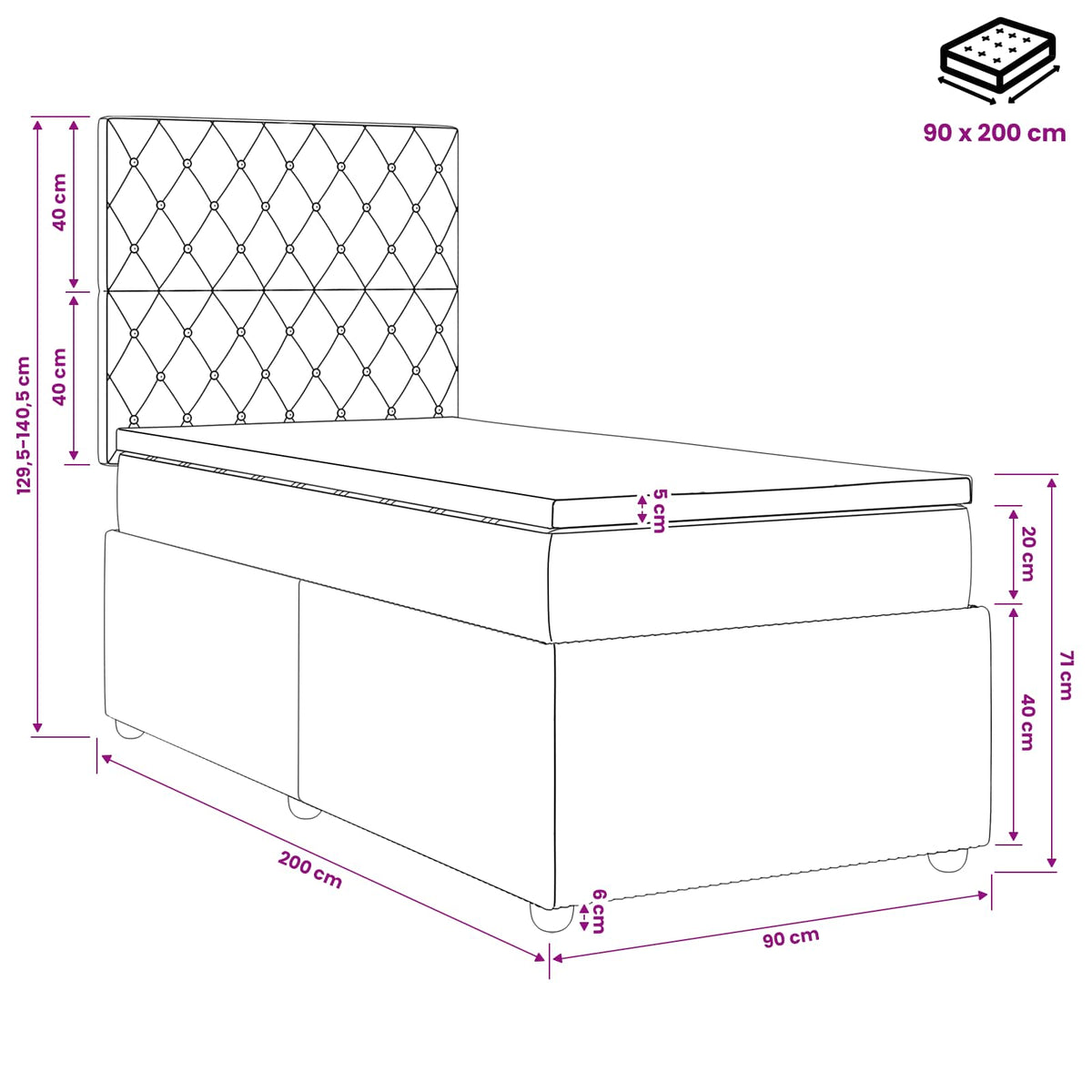 Lit boxspring avec matelas Noir 90 x 200 cm Velours