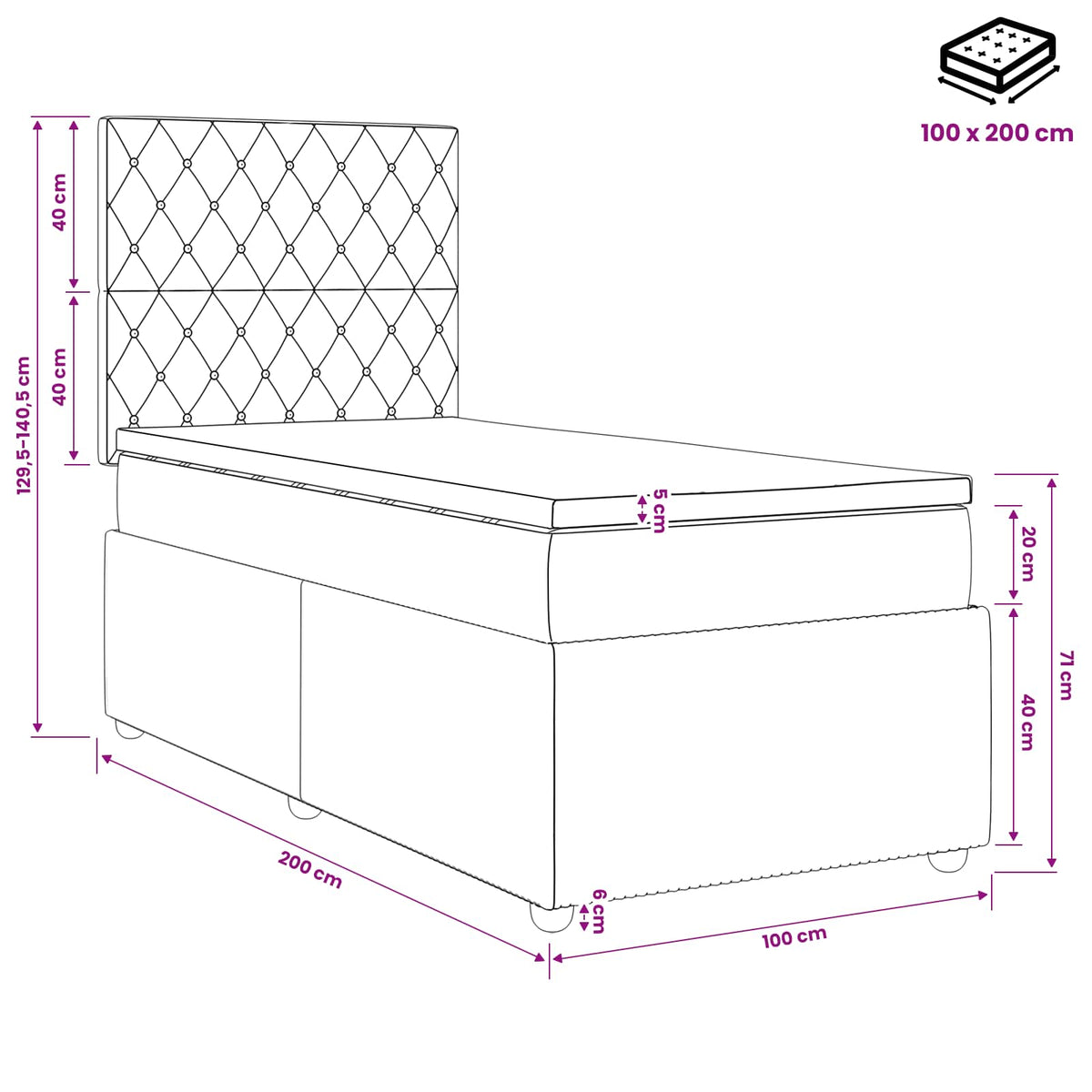 Lit boxspring avec matelas Gris clair 100 x 200 cm Velours