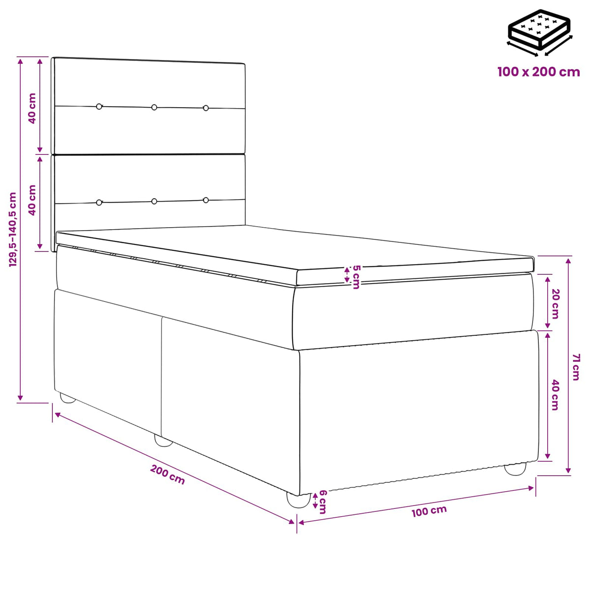 Lit boxspring avec matelas Noir 100 x 200 cm Velours
