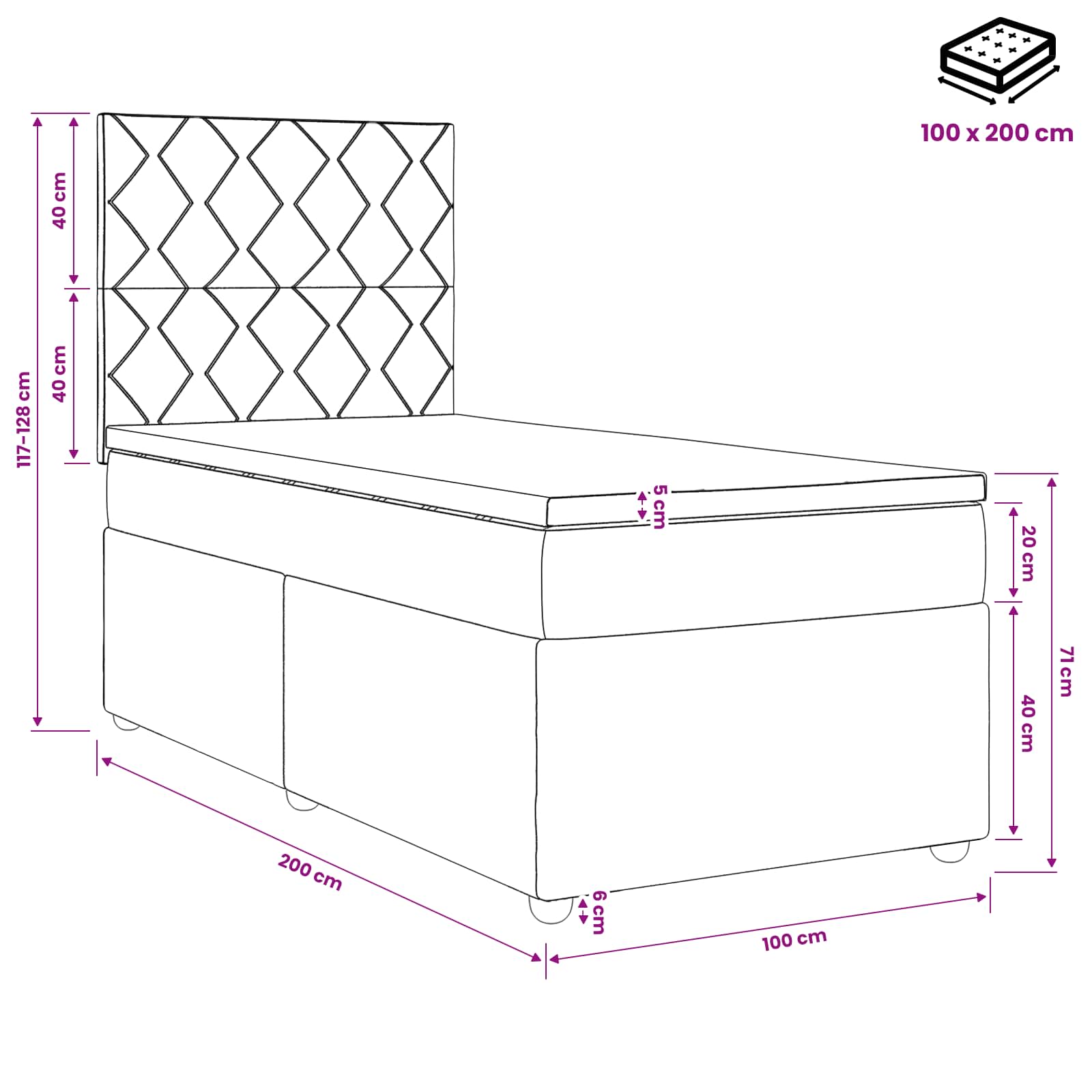 Lit boxspring avec matelas Noir 100 x 200 cm Velours