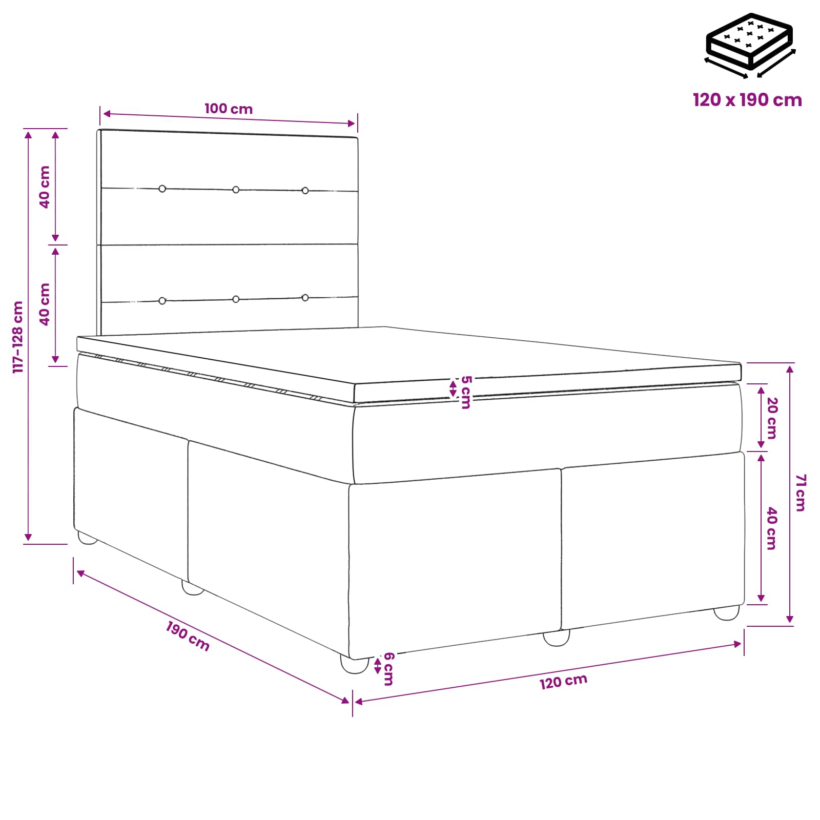 Lit boxspring avec matelas Noir 120 x 190 cm Velours - XIOS