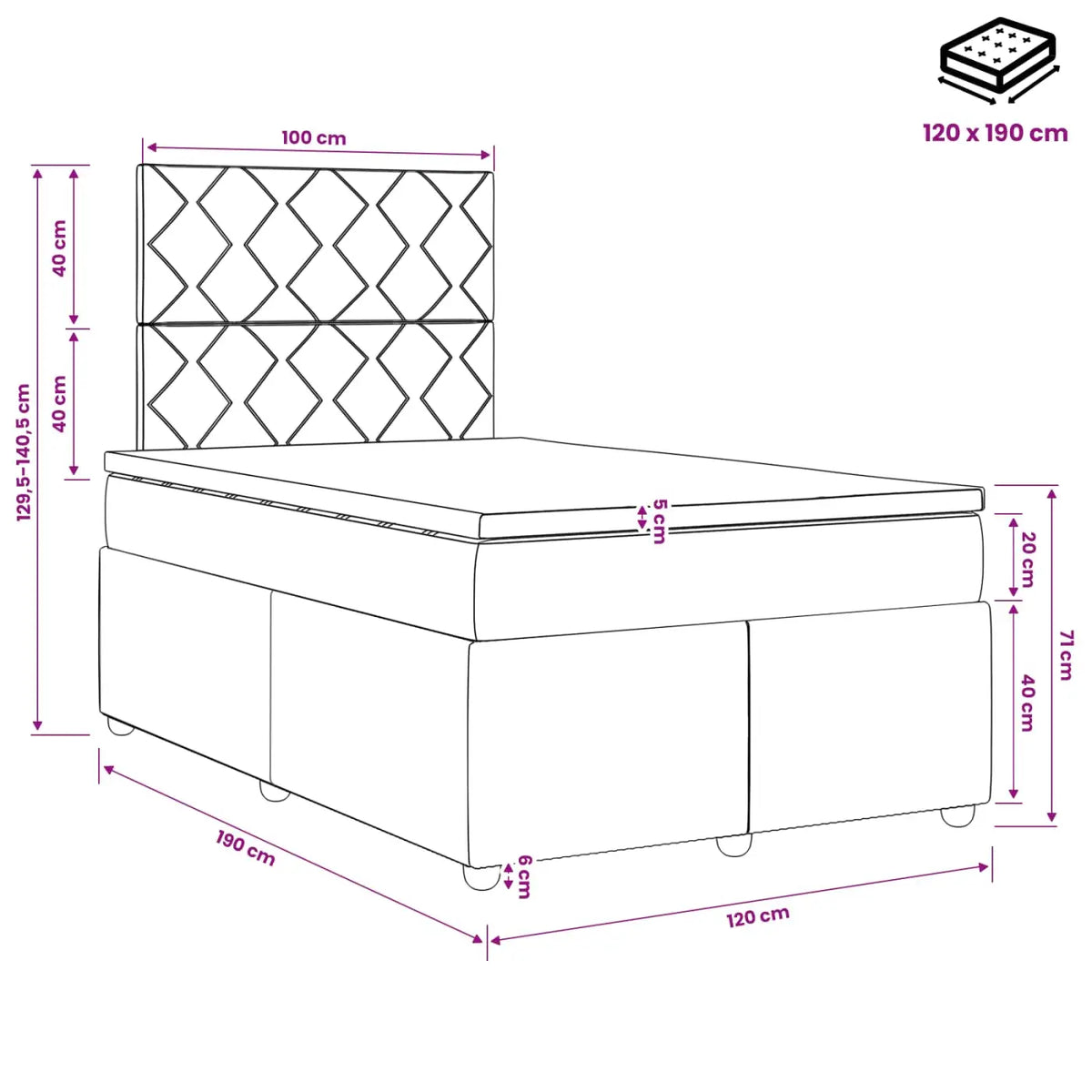 Lit boxspring avec matelas Gris foncé 120 x 190 cm Velours - XIOS