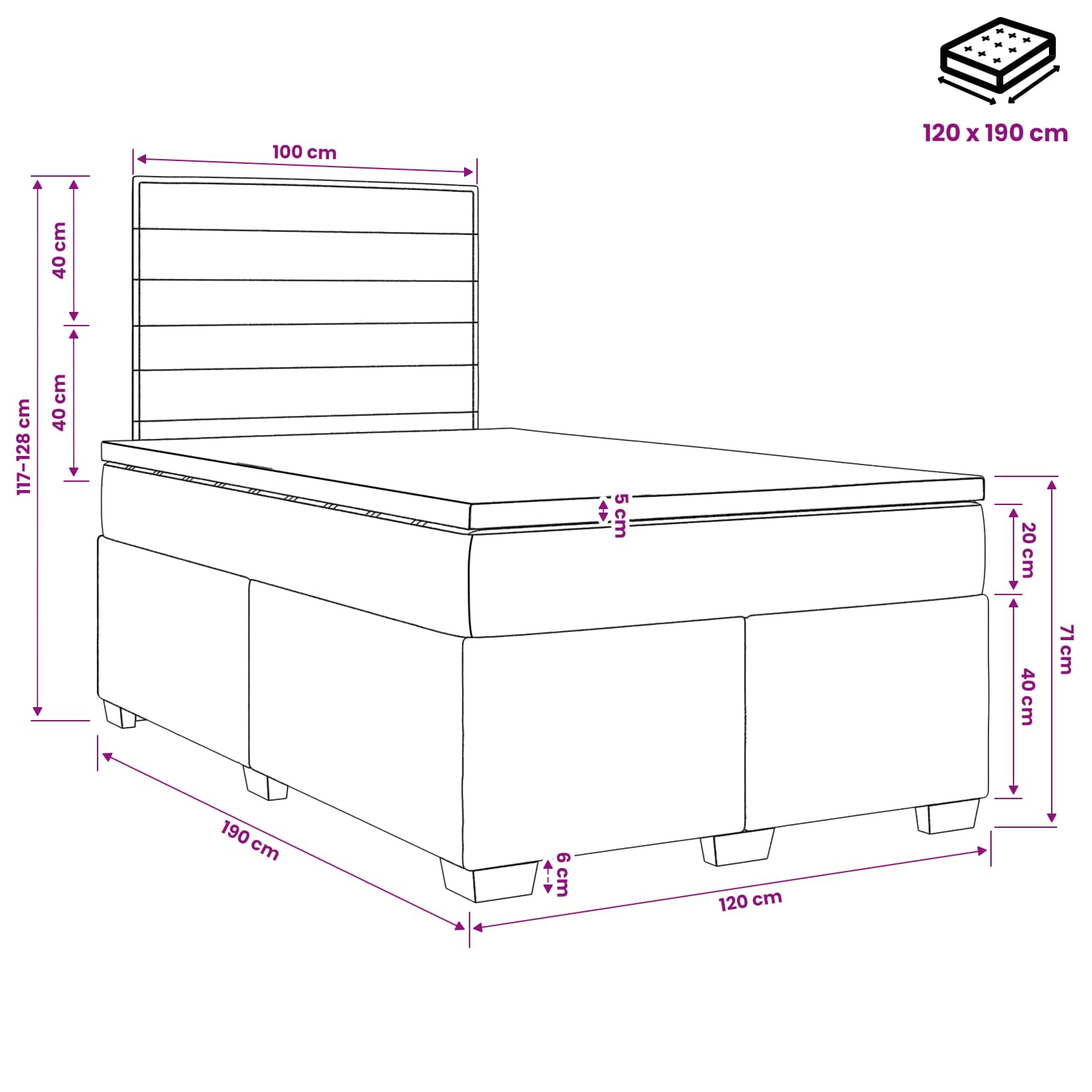 Lit boxspring avec matelas Gris foncé 120 x 190 cm Tissu - XIOS