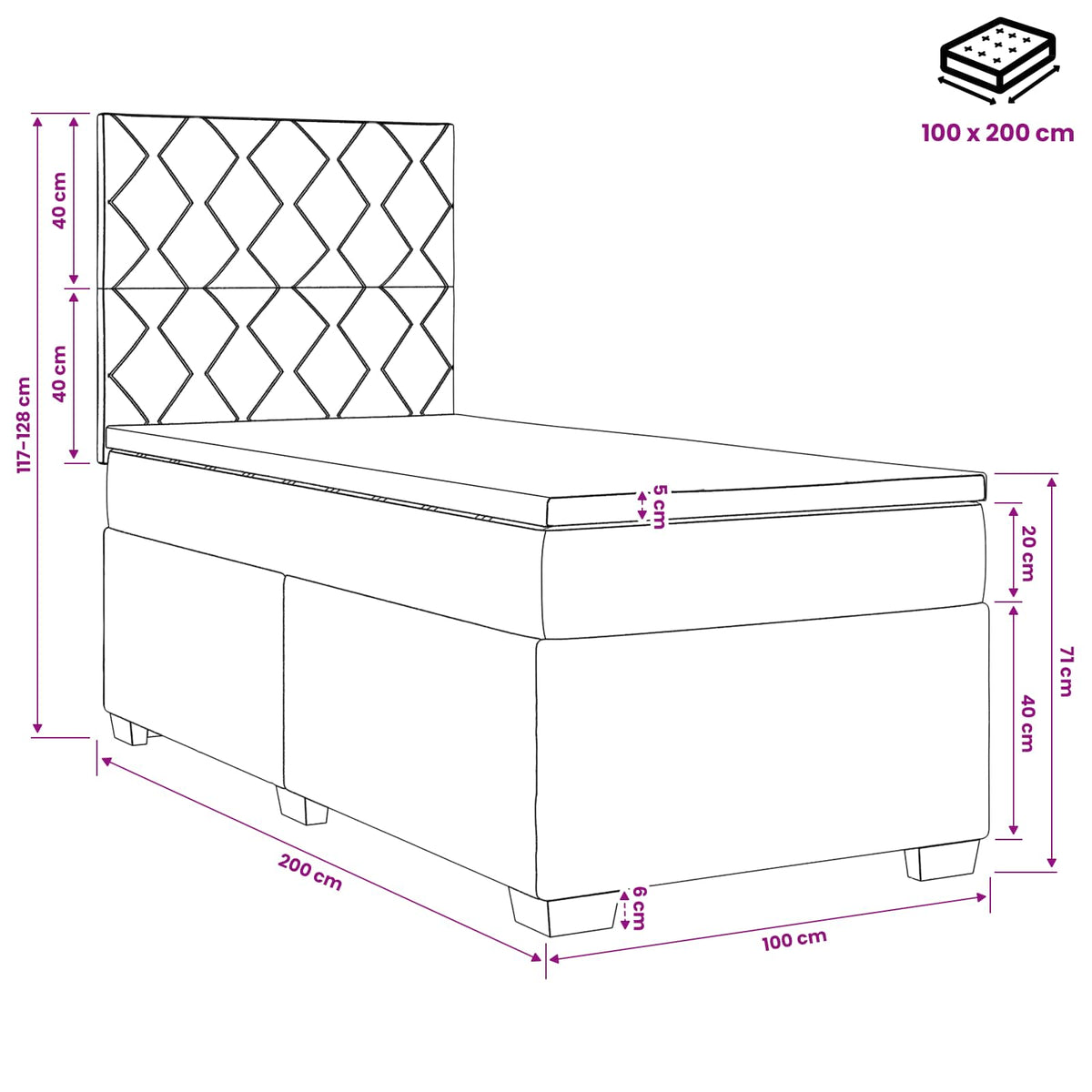 Lit boxspring avec matelas Bleu 100 x 200 cm Velours - XIOS