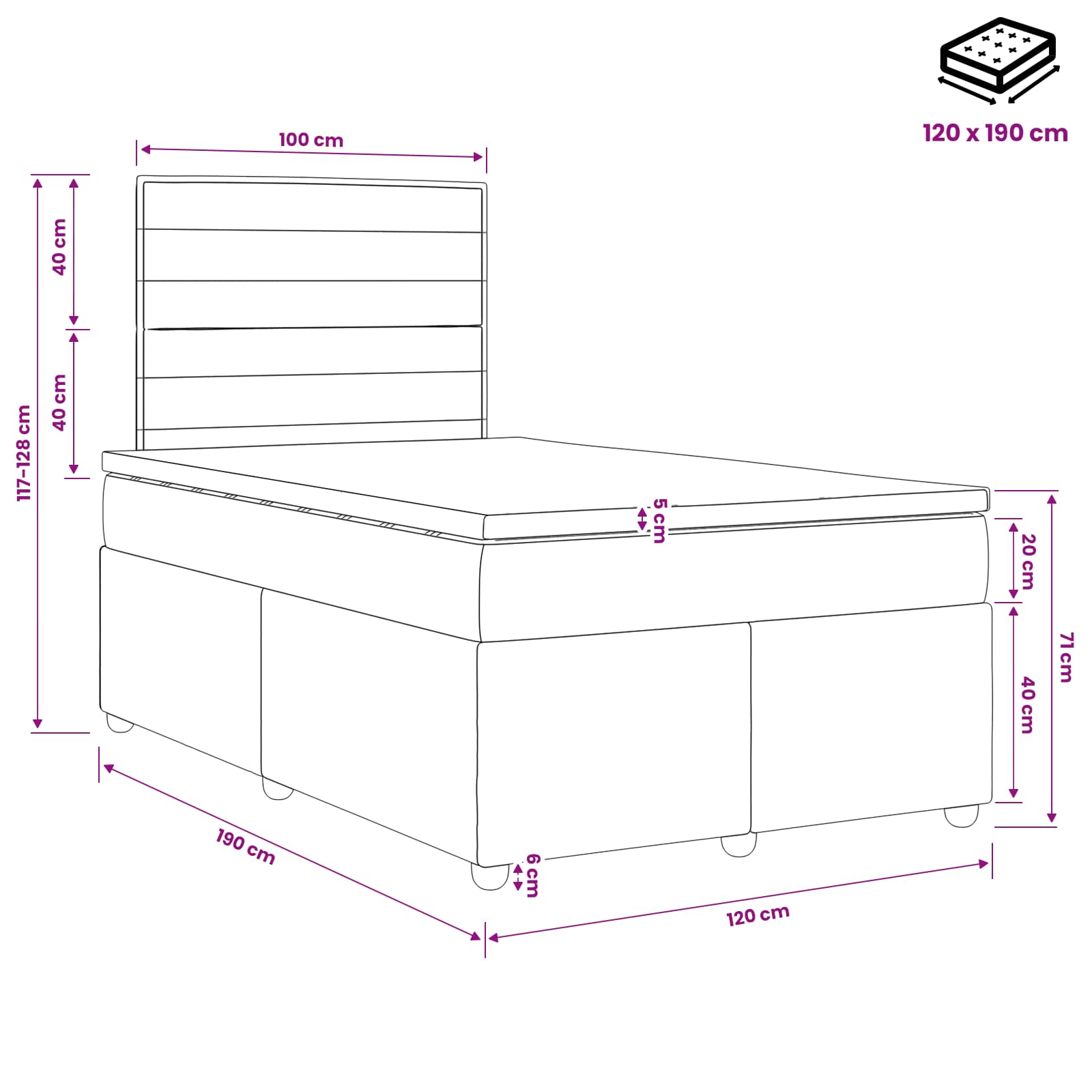 Lit boxspring avec matelas Gris foncé 120 x 190 cm Tissu - XIOS