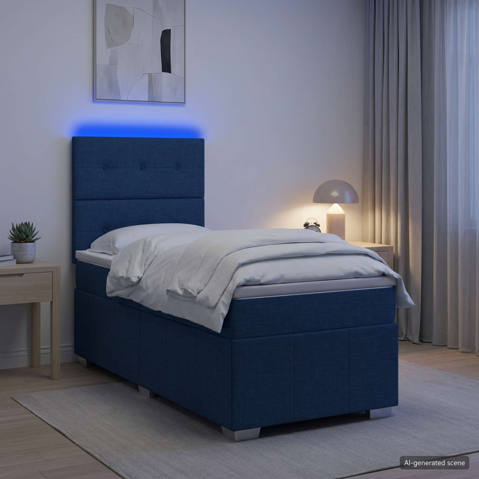 Lit boxspring LED avec matelas Bleu 90 x 200 cm Tissu
