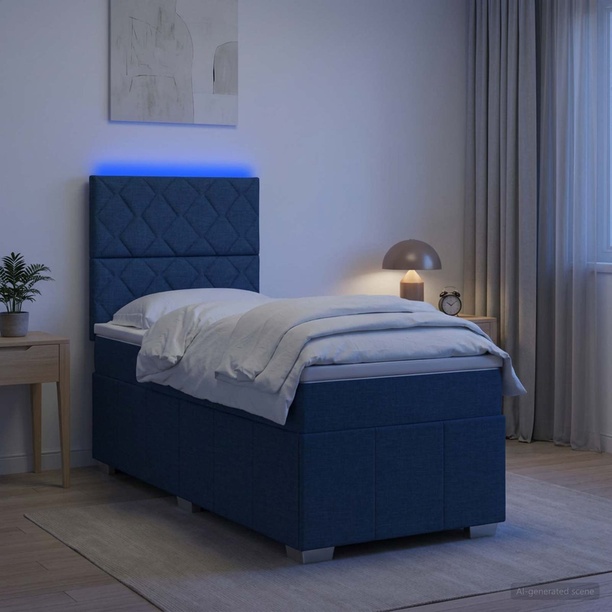 Lit boxspring LED avec matelas Bleu 90 x 200 cm Tissu