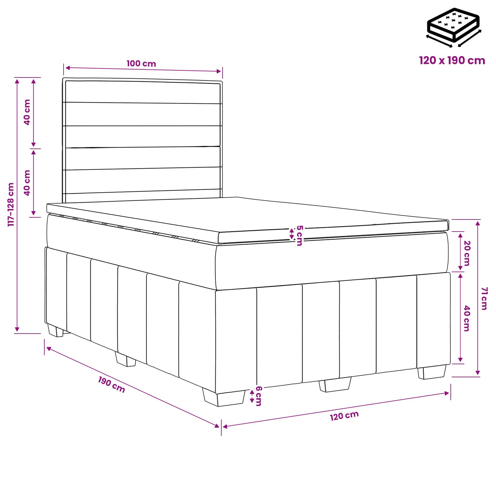 Lit boxspring LED avec matelas Gris clair 120 x 190 cm Tissu
