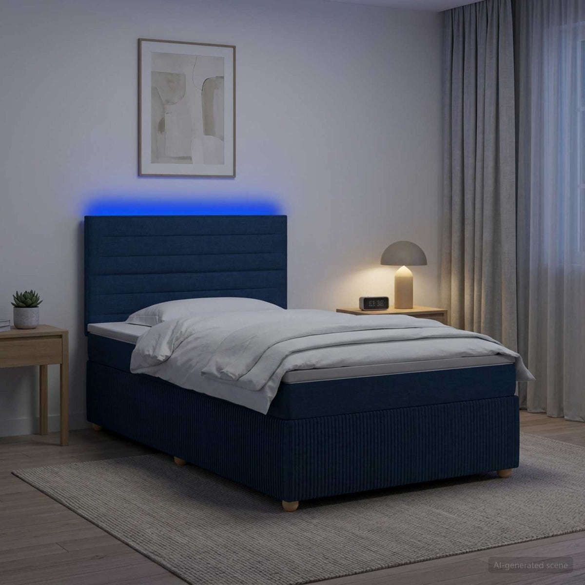 Lit boxspring LED avec matelas Bleu 90 x 190 cm Tissu
