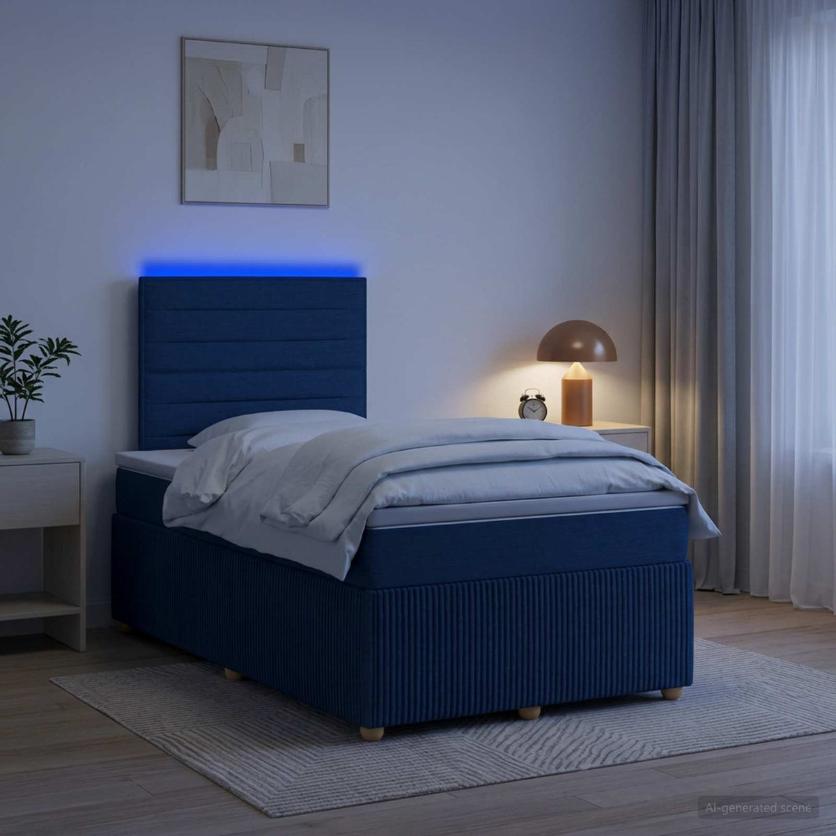 Lit boxspring LED avec matelas Bleu 120 x 200 cm Tissu