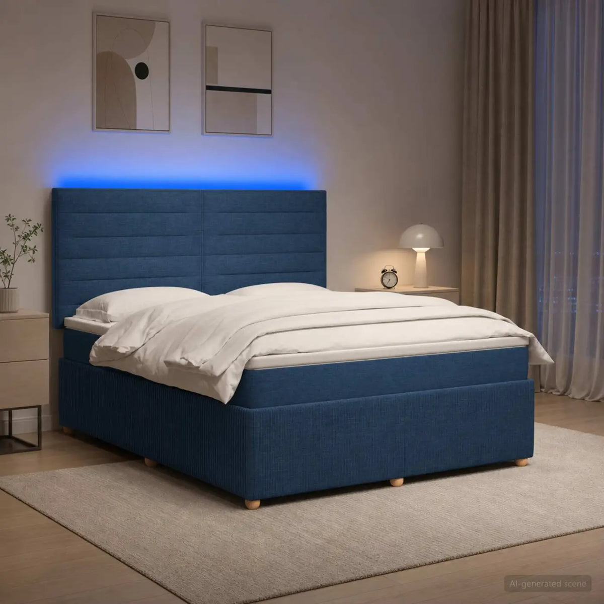 Lit boxspring LED avec matelas Bleu 160 x 200 cm Tissu - XIOS