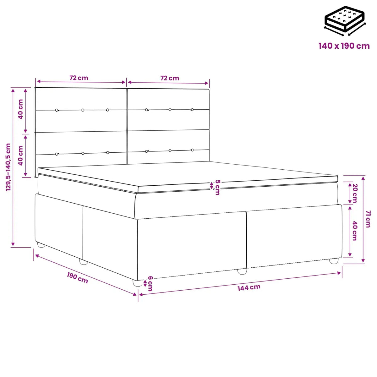 Lit boxspring LED avec matelas Noir 140 x 190 cm Velours - XIOS