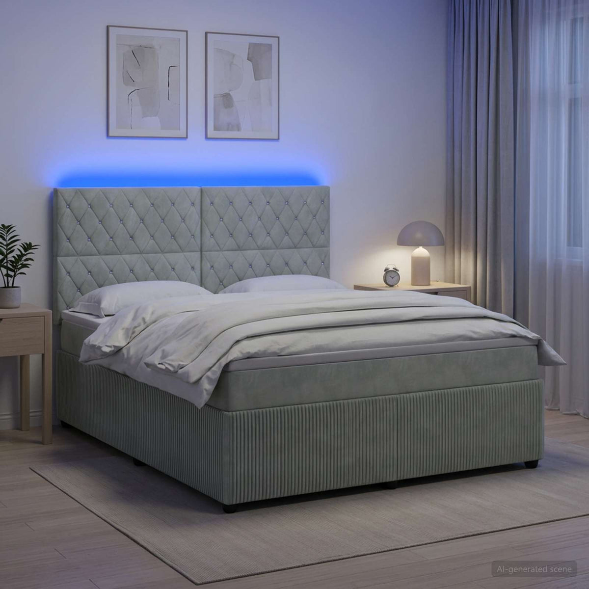 Lit boxspring LED avec matelas Gris clair 140 x 190 cm Velours