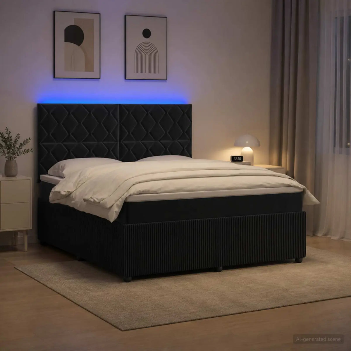 Lit boxspring LED avec matelas Noir 140 x 190 cm Velours - XIOS