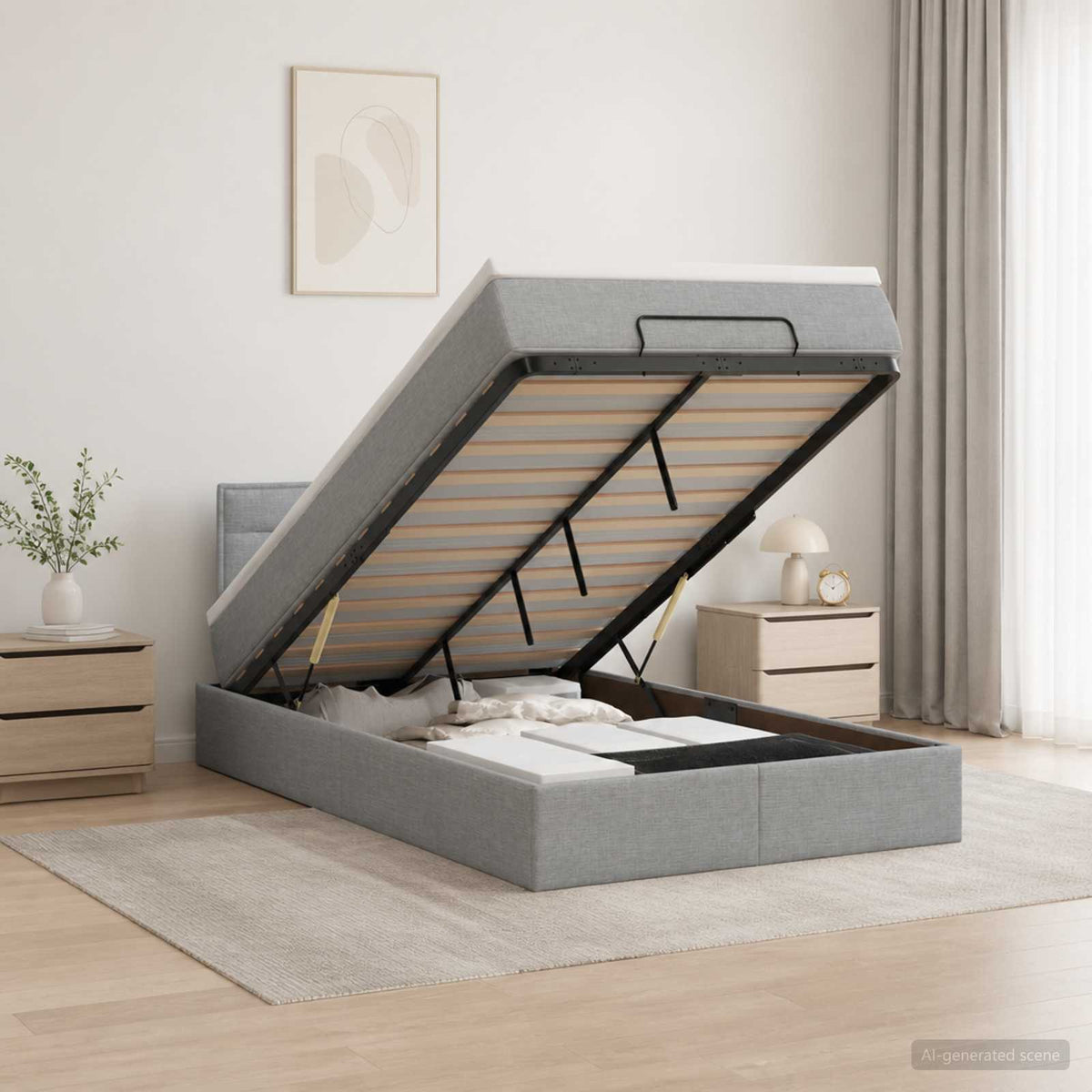 Lit coffre avec matelas et LED Gris clair 120 x 200 cm Tissu