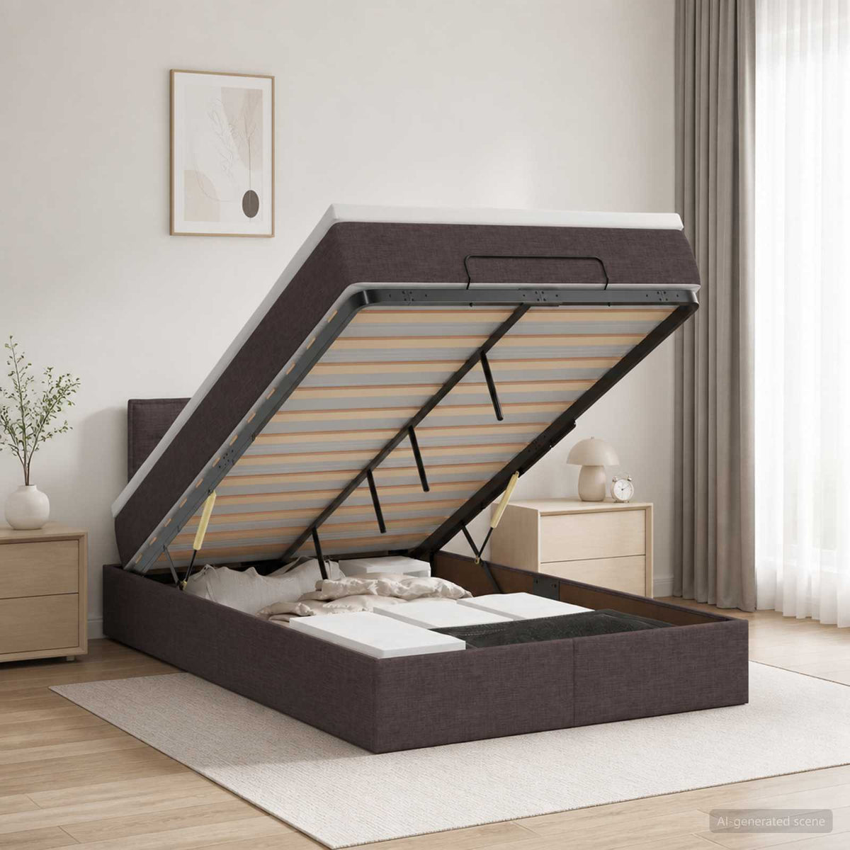 Lit coffre avec matelas et LED Marron foncé 120 x 200 cm Tissu
