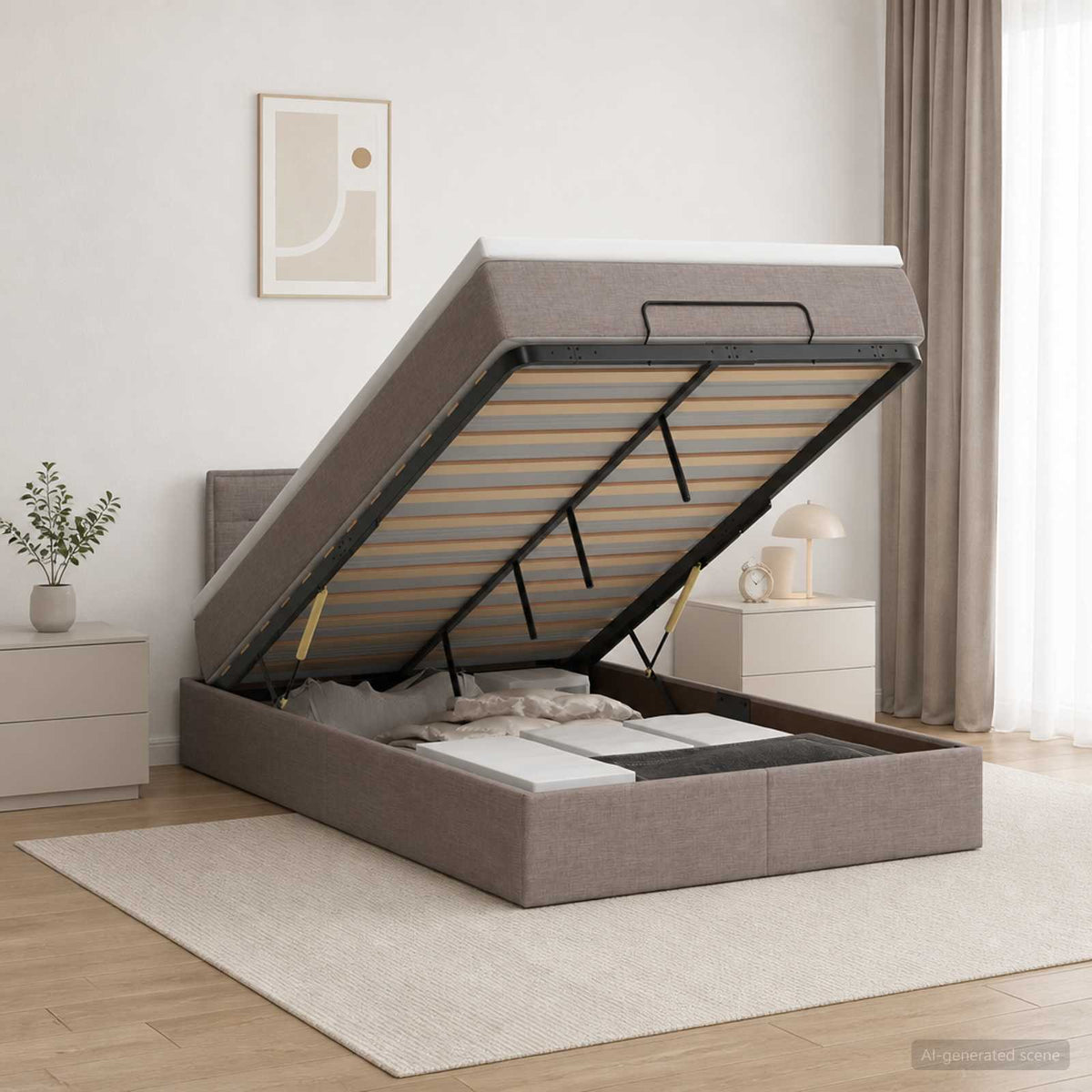 Lit coffre avec matelas et LED Taupe 120 x 190 cm Tissu