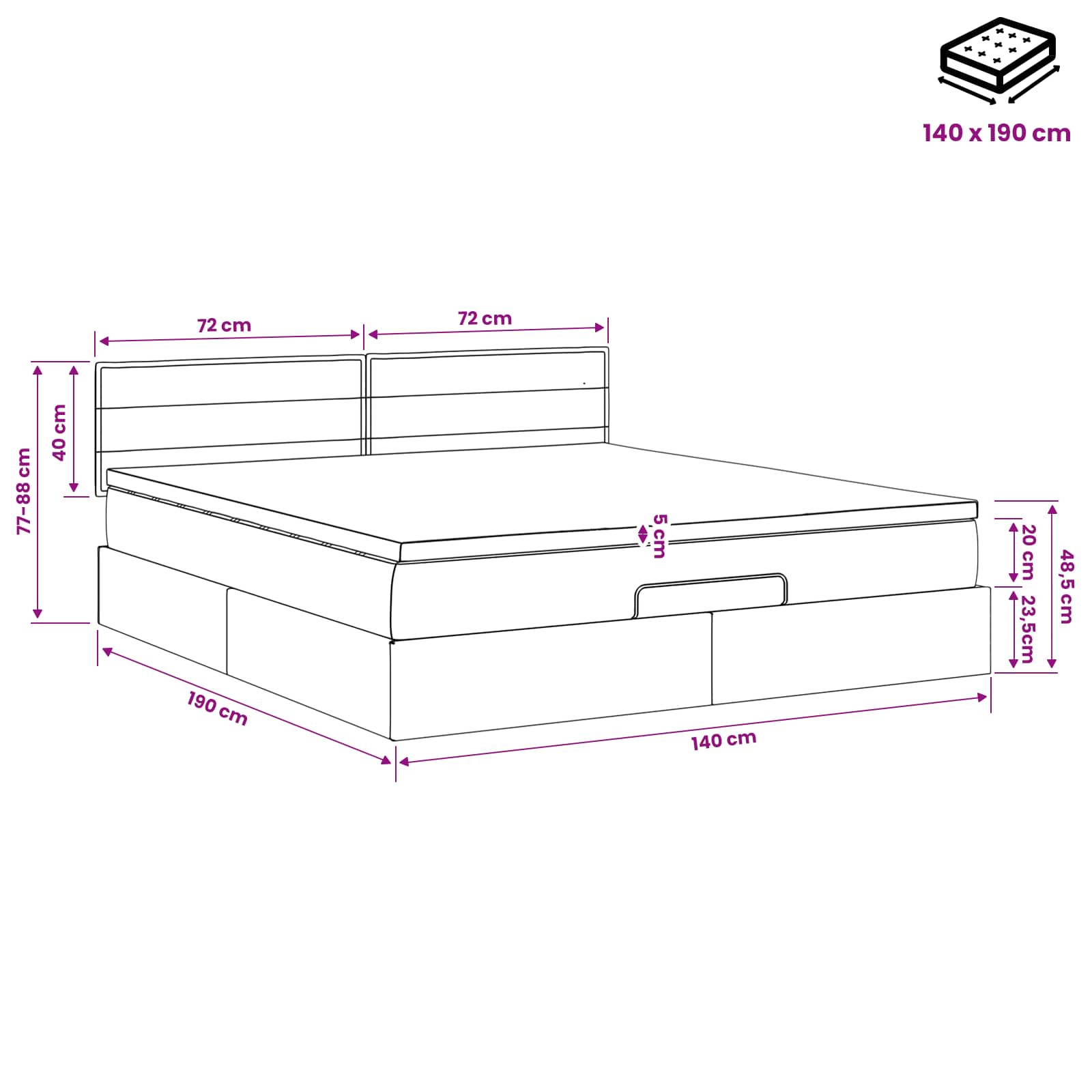 Lit ottoman avec matelas Noir 140 x 190 cm Tissu - XIOS