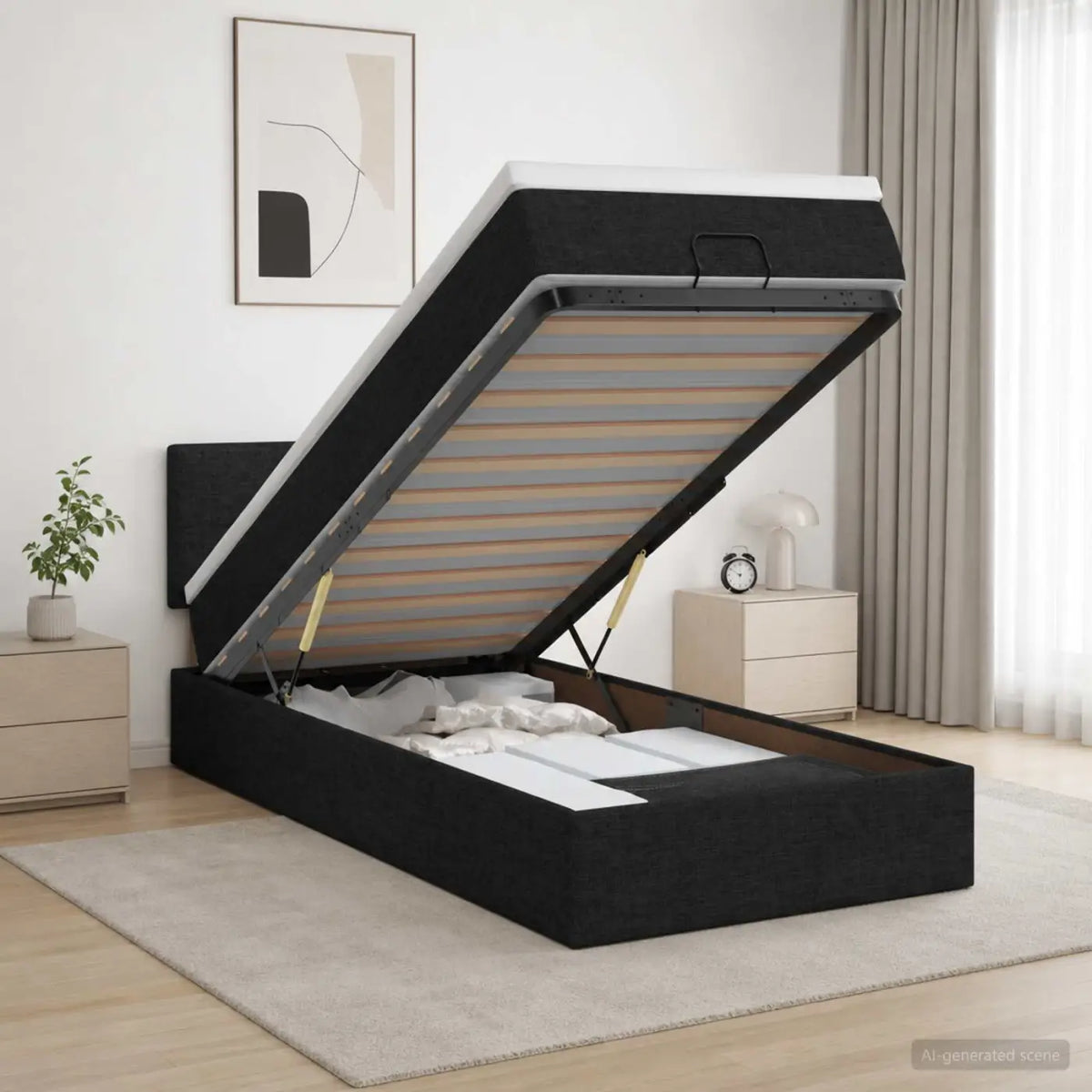 Lit coffre avec matelas et LED Noir 90 x 190 cm Tissu - XIOS