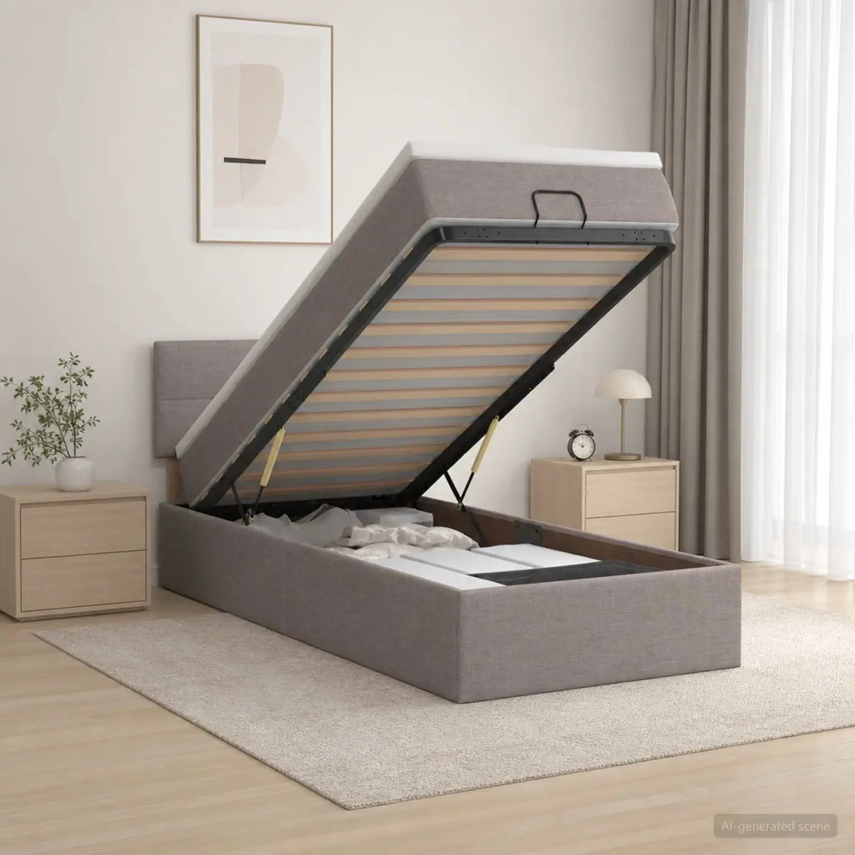 Lit coffre avec matelas et LED Taupe 90 x 190 cm Tissu - XIOS