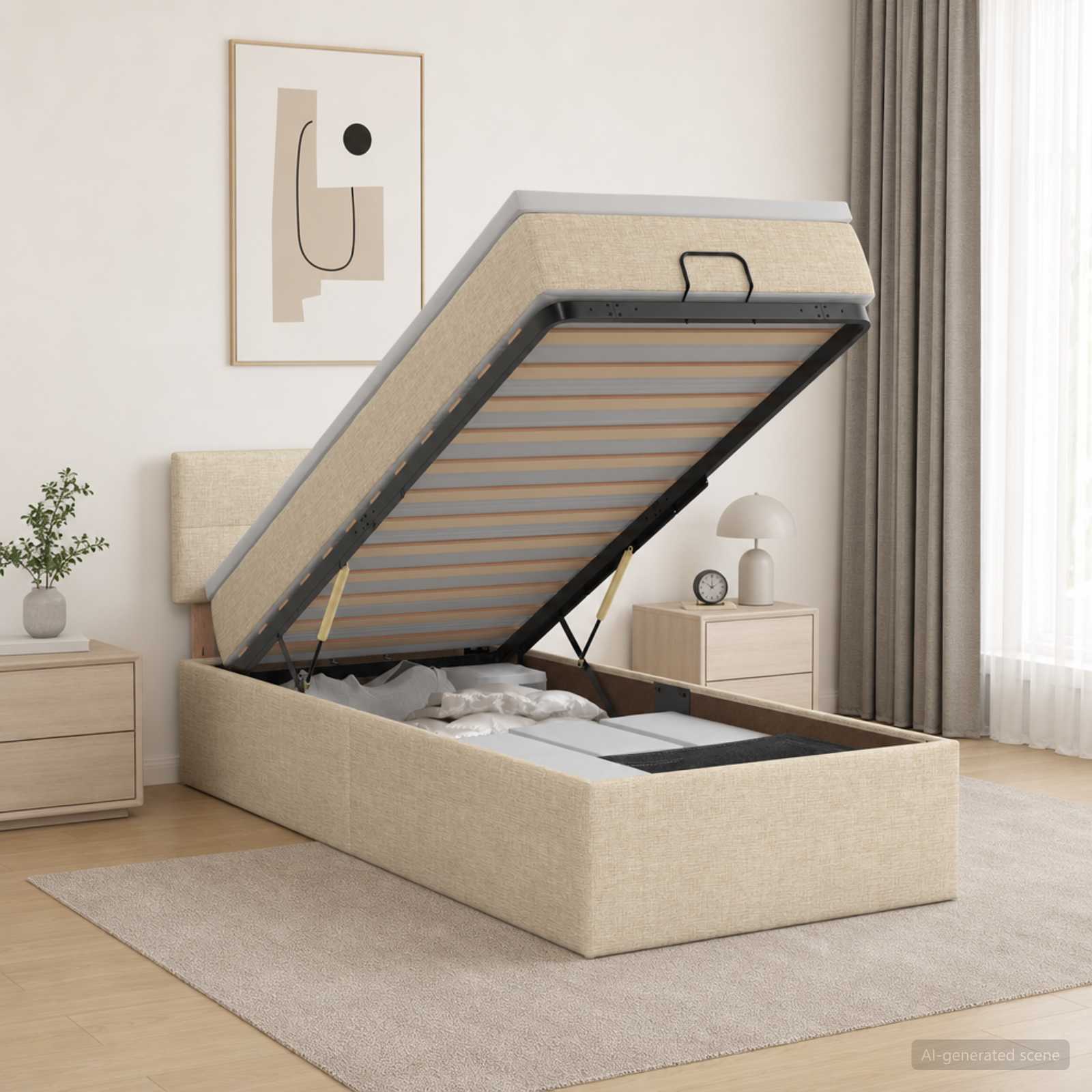 Lit coffre avec matelas et LED Crème 90 x 200 cm Tissu - XIOS