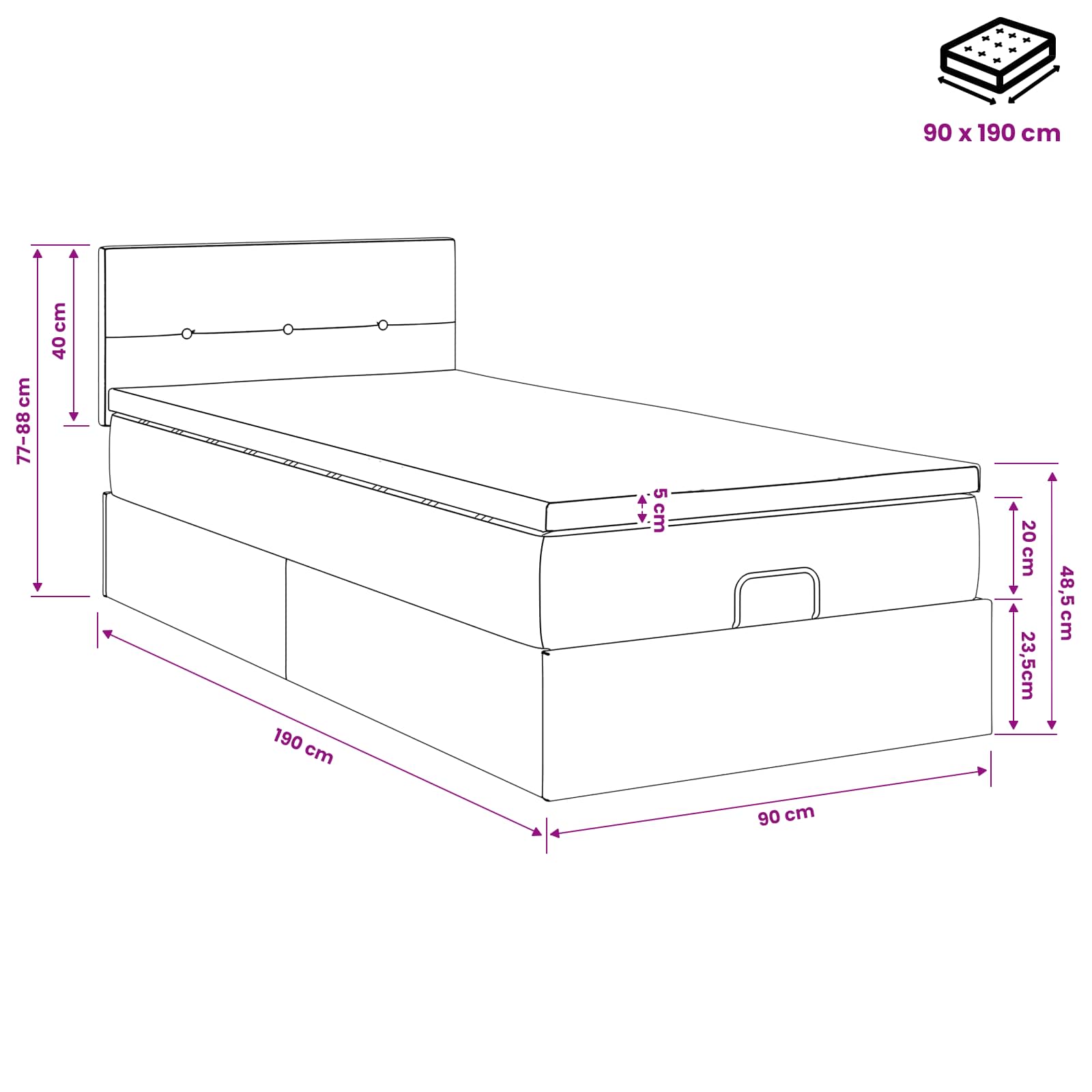 Lit ottoman avec matelas Marron foncé 90 x 190 cm Tissu - XIOS